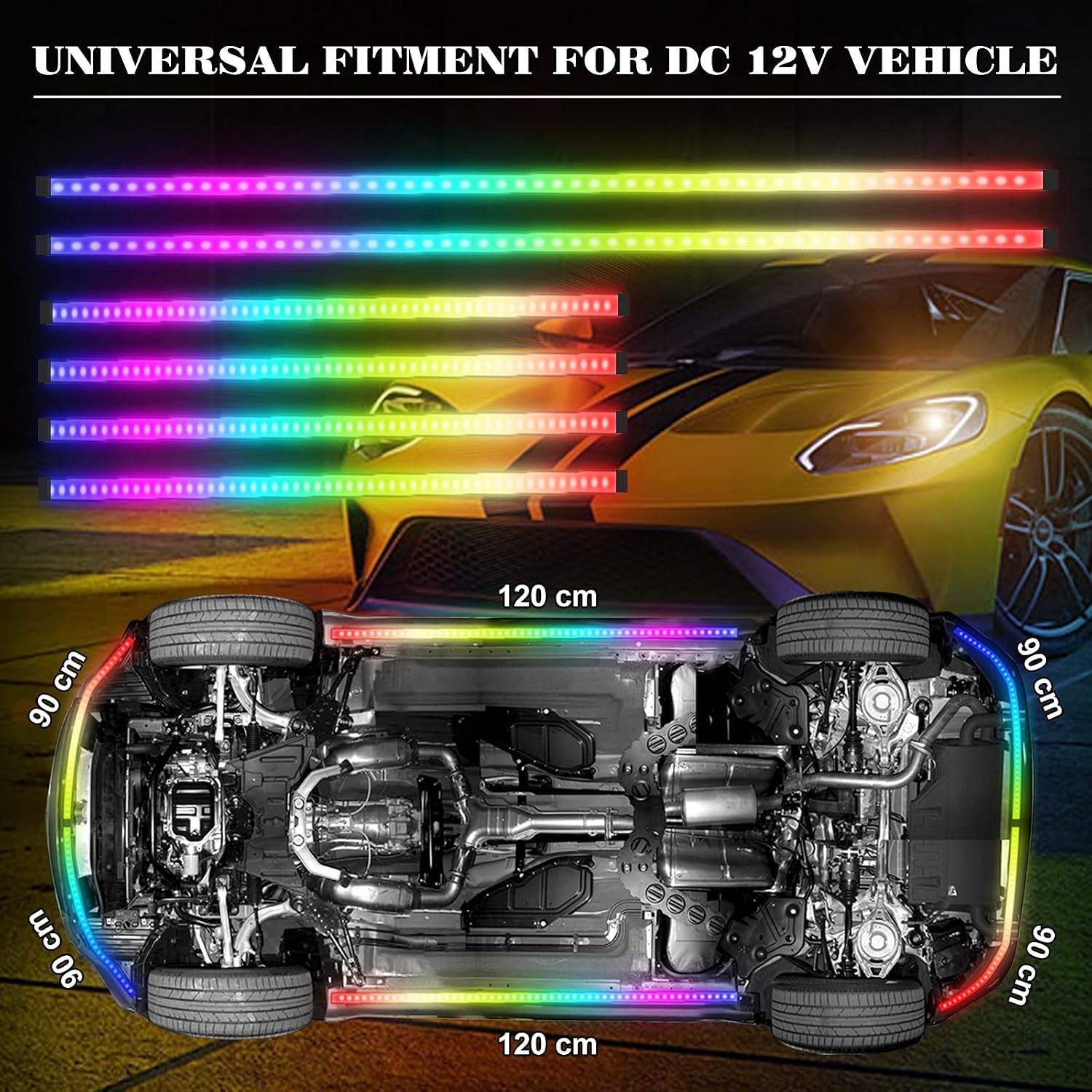 Car Underglow Lights Chasing Color , Upgraded Bluetooth Led Strip Light with Dream Color Chasing 212 Mode, Music Mode, DIY Mode, APP Control Underbody Strip Kit for Car, 35Inch & 47Inch, 6PC Pack