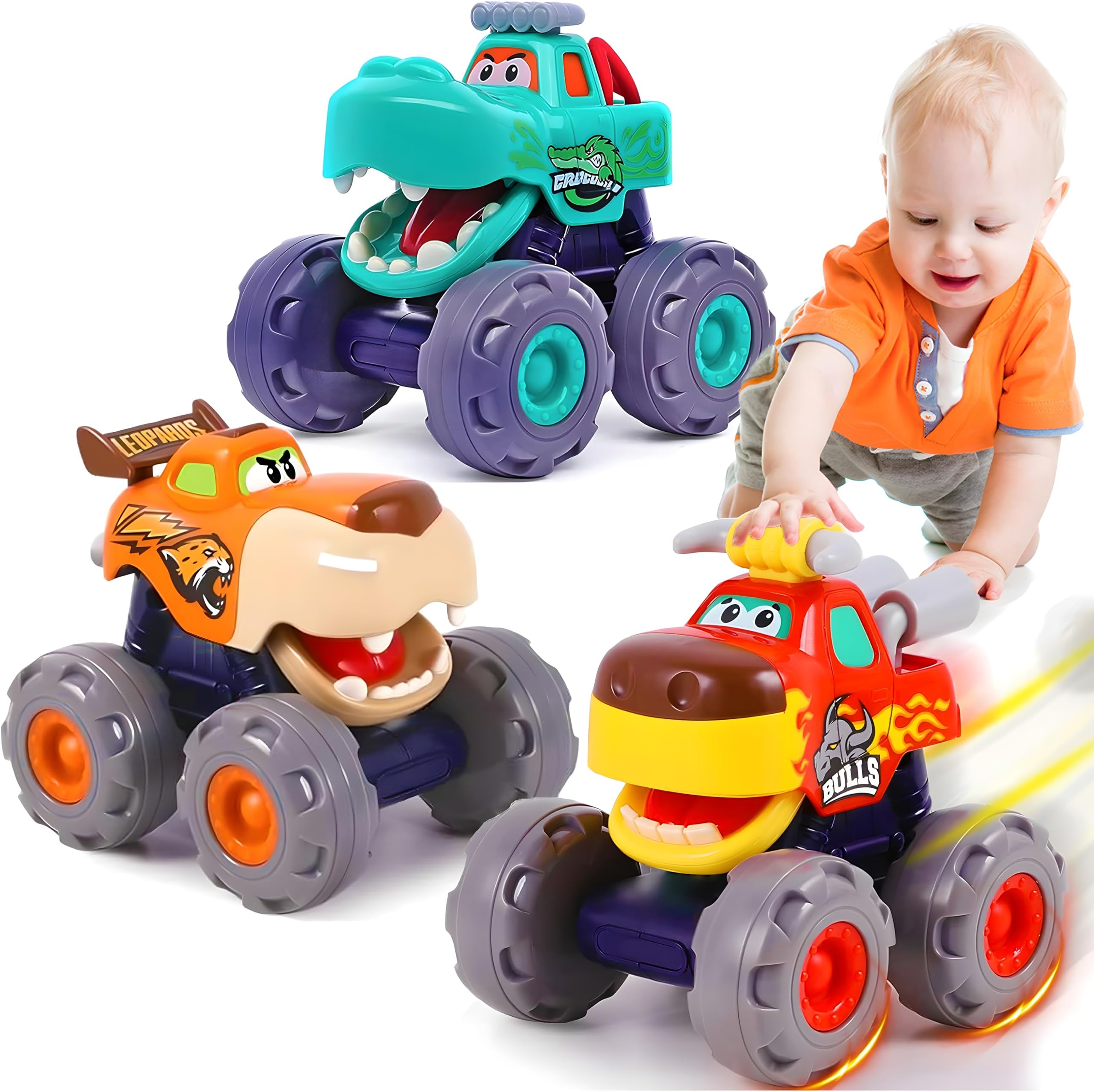 - Toy Cars for Toddlers 1-3, 3 Pack Monster Truck Toys for 1 2 3 Year Old Boy Gifts, Baby Animal Play Vehicle Push Pull Back Truck for 12-18 Months 2-4 0-2 1-2 One Year Old Boy 1st Birthday Gift