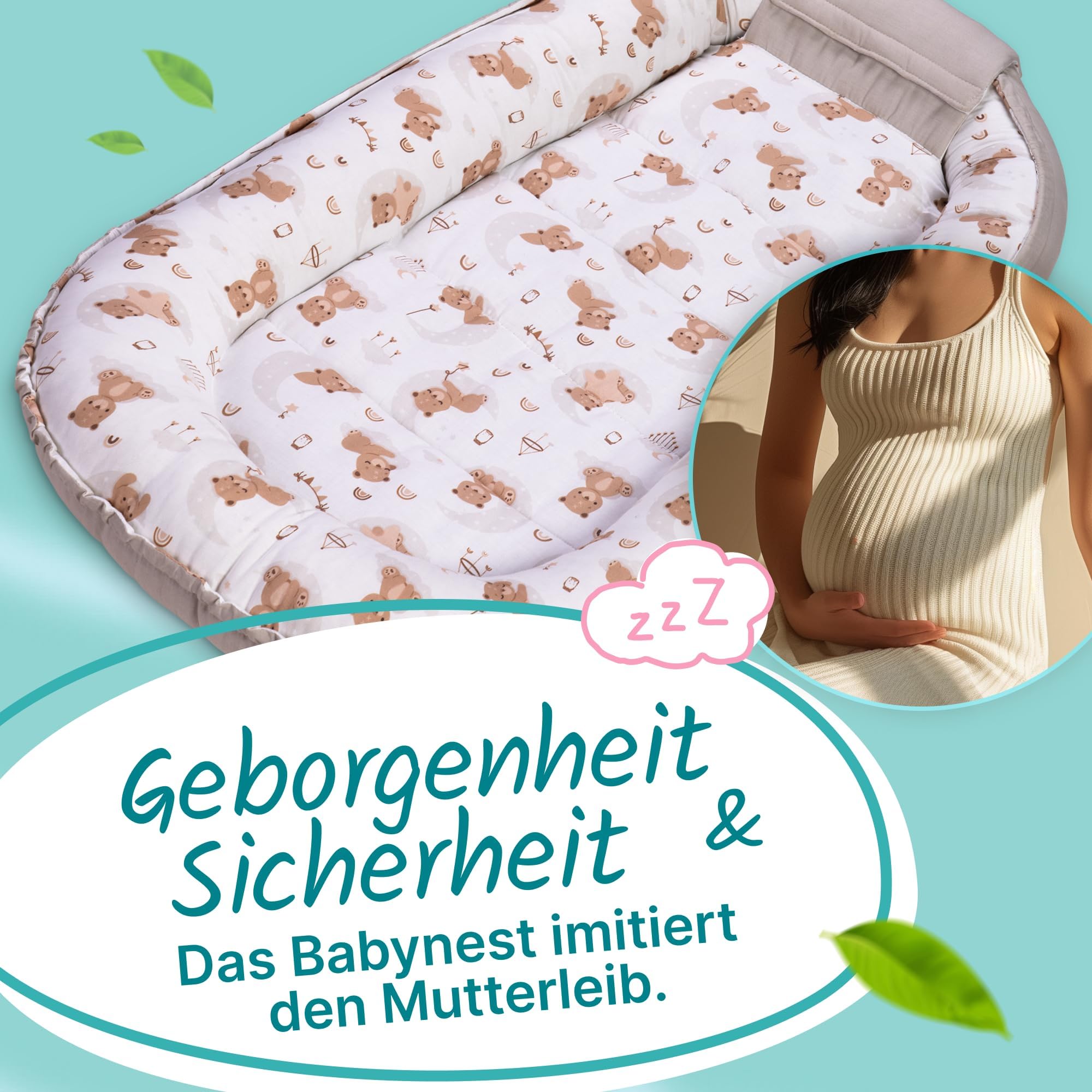 Babynest für Neugeborene, Baby Nestchen – Oeko-TEX Zertifiziert, 100% Baumwolle, maschinenwaschbar –Tragbares Babynest für zuhause & unterwegs, sicher & gemütlich – 100x58x12 cm, Beige
