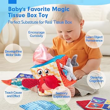 hahaland Baby Tissue Box Toy - Baby Toys 6-12 Months Montessori Toys for 6 Month Old with Textured Tails, Crinkle Tissues, Squeaky, Mirror, Play Silks Sensoy Scarves Baby Gifts 9 Month Old Travel Toys