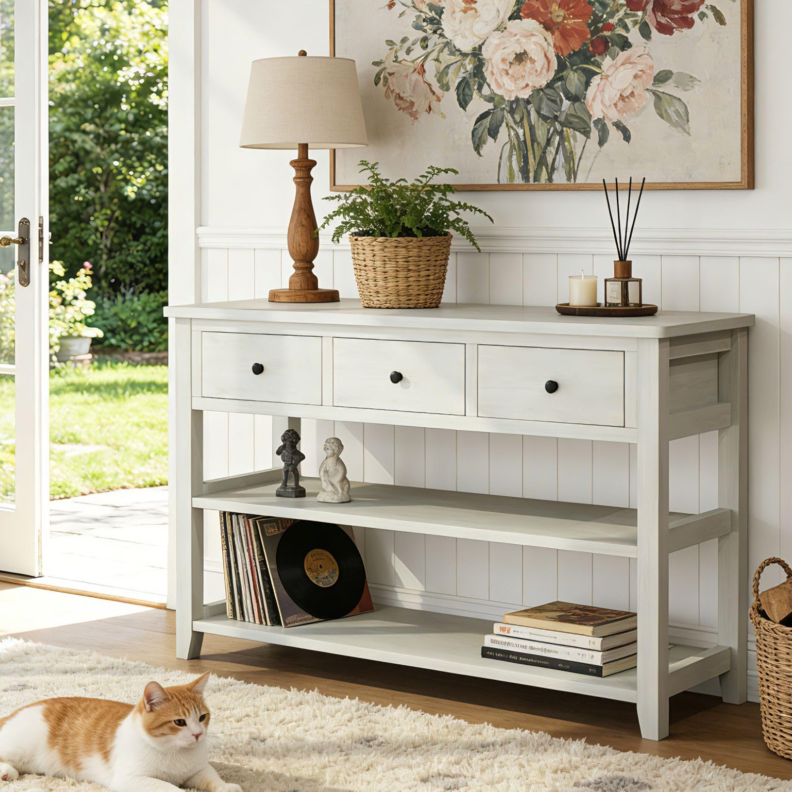Karl home Console Table Entryway Desk, Sofa Side Table with 3 Drawers 2 Bottom Storage Shelves, Vintage TV Stand for Hallway Living Room Office, Antique White 29.9" H