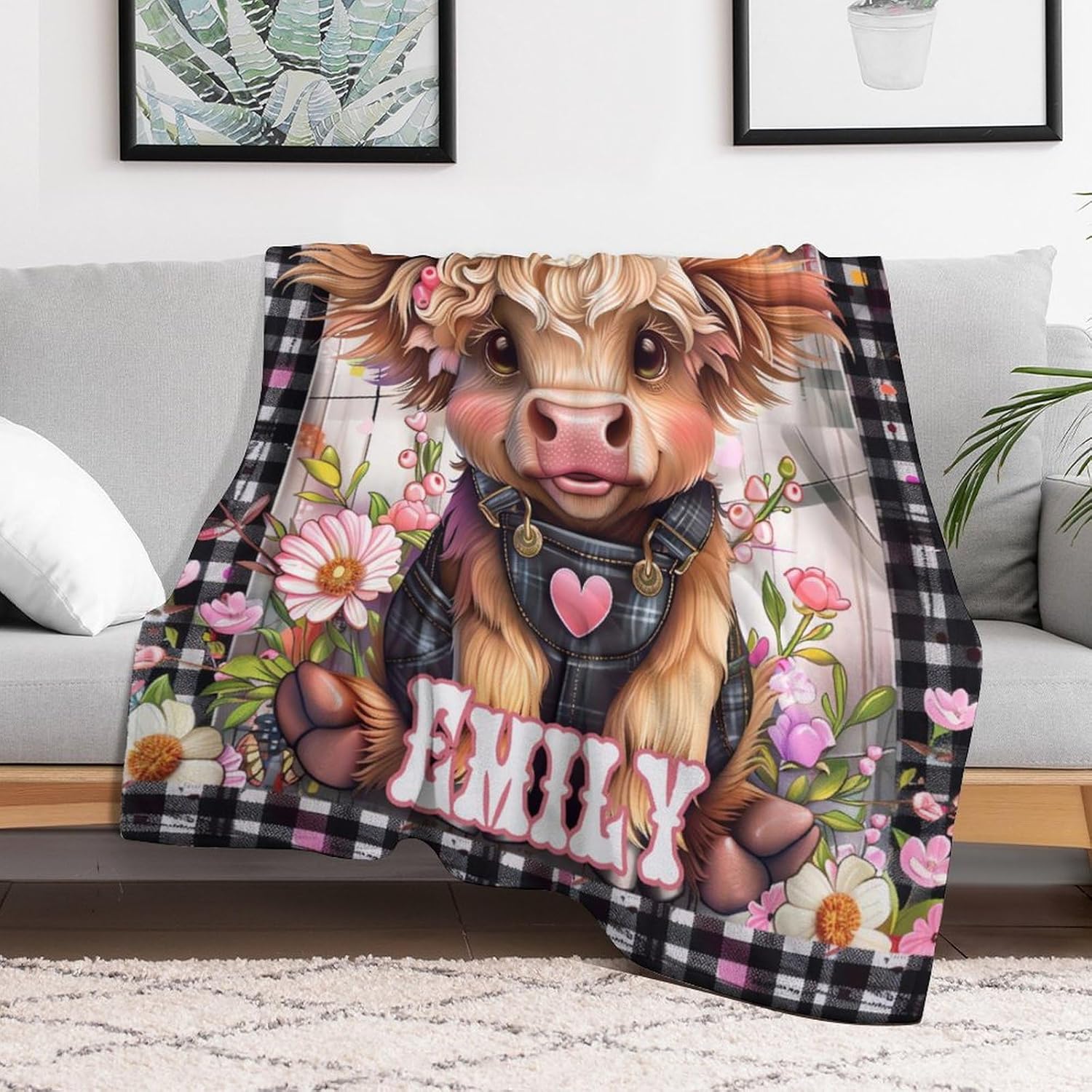 Personalized Baby Blankets for Boys Girls with Name Custom Highland Cow Floral Name Blanket for Kids Baby Customized Toddler Receiving Blankets Baby Gifts for Infant Newborn Birthday Christmas M