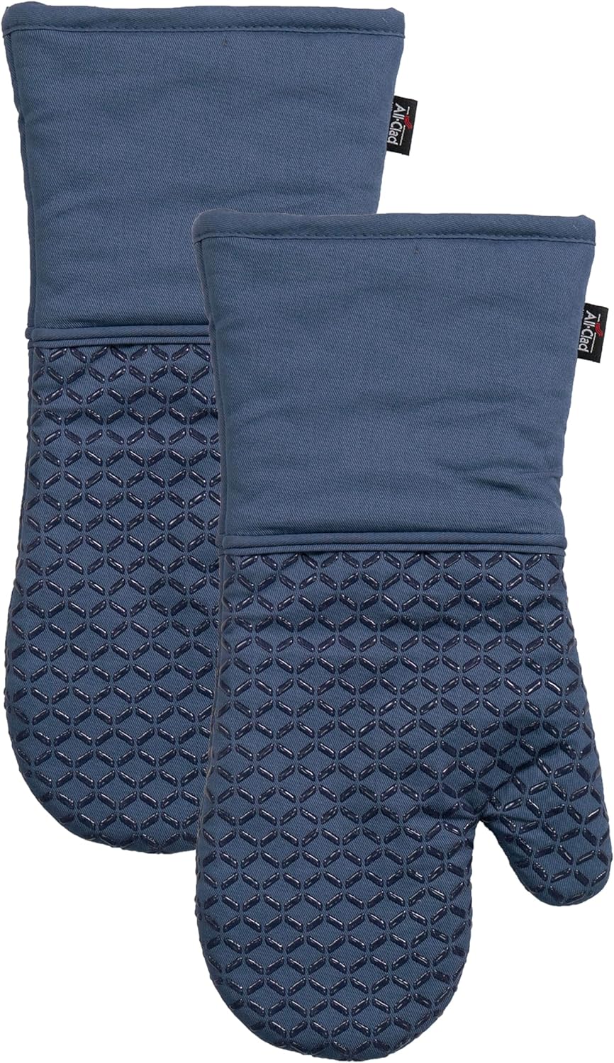 All-Clad Ogee Silicone Oven Mitts 2-Pack: 500°F Heat Resistant, Extra Long 14" Cotton Twill with Non-Slip Grip for Oven, Grill - Indigo