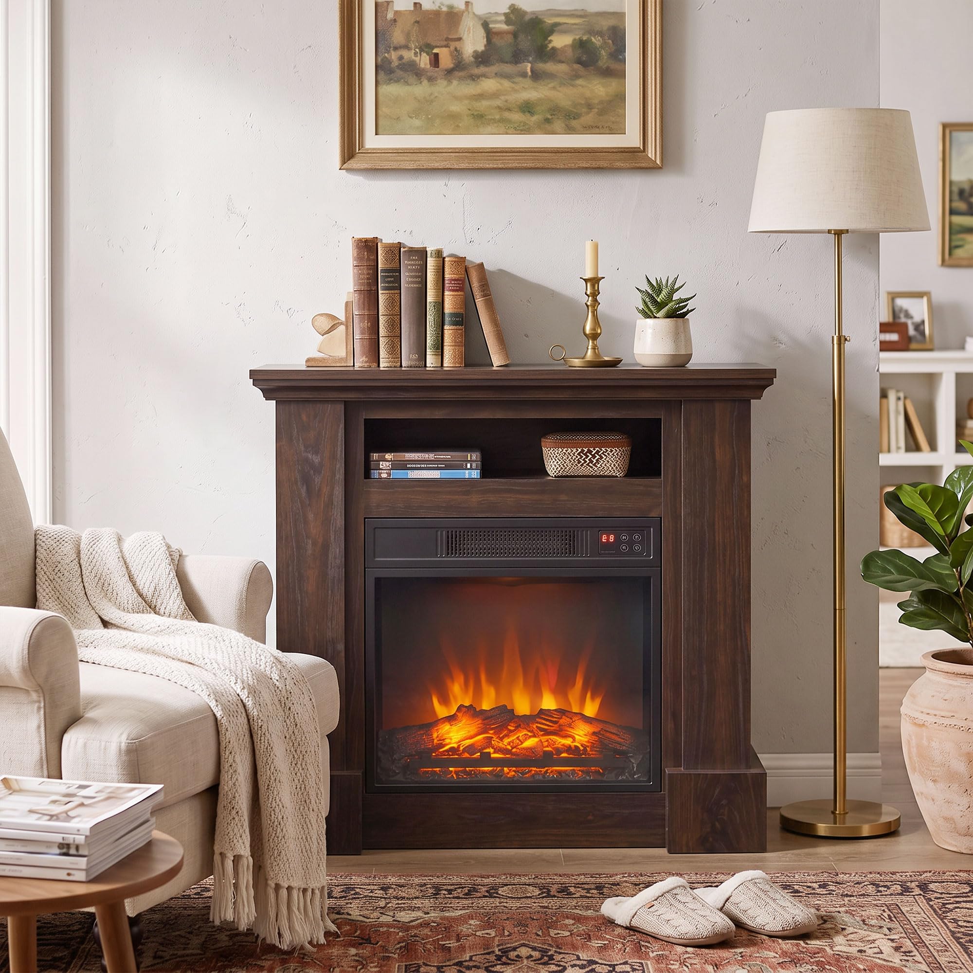 HOMCOM Camino Elettrico Cornice Effetto Fiamma Realistico 1800W Marrone | Caminetto Elettrico da Incasso e Terra, Stufa con Telecomando, Termostato, Timer, Riscaldamento Regolabile, Soggiorno