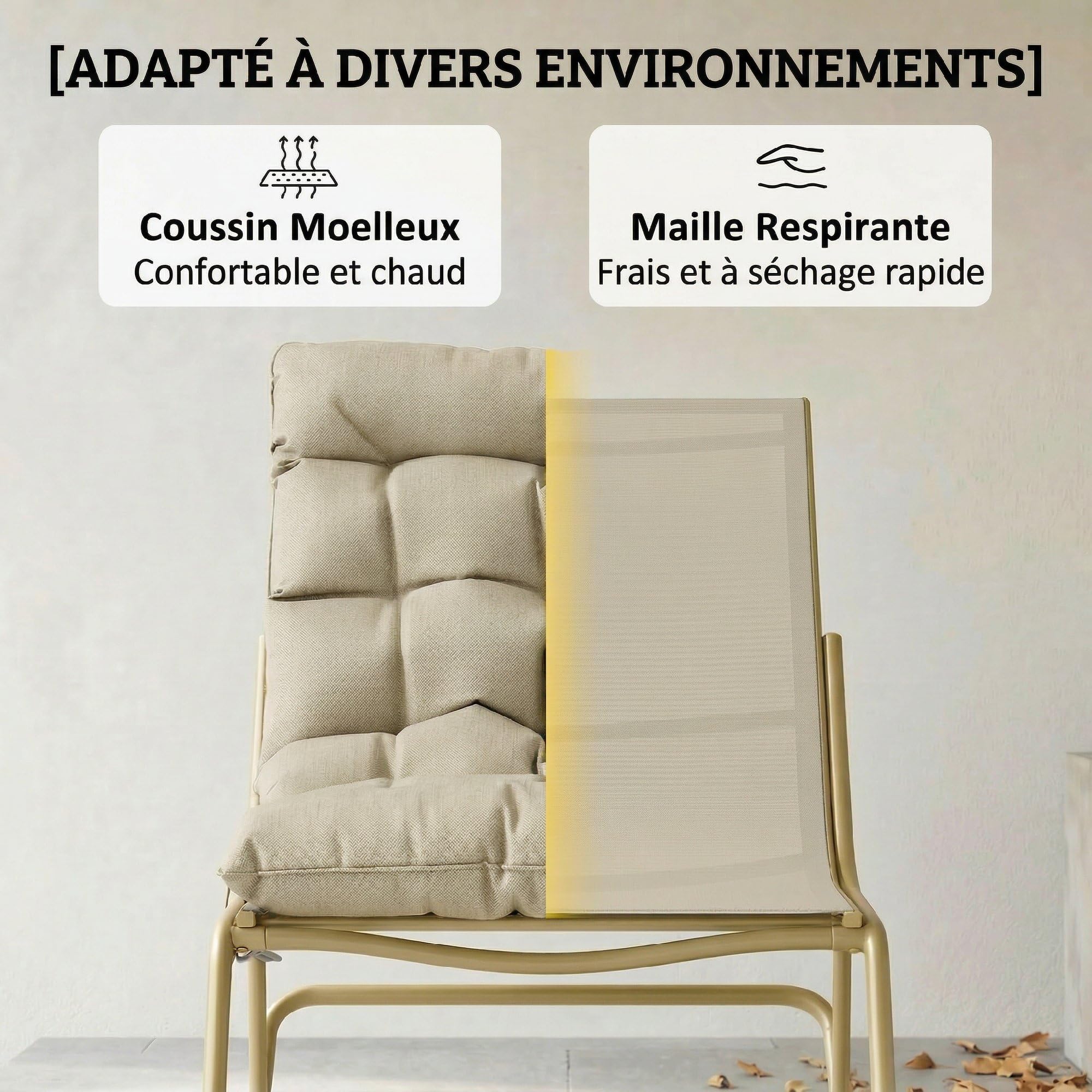 Outsunny Fauteuil à Bascule Extérieur avec Coussin Moelleux 125cm - Rocking Chair Large 64cm en Acier et Textilène - Chaise Bercante de Salon et Balcon, Beige et Doré