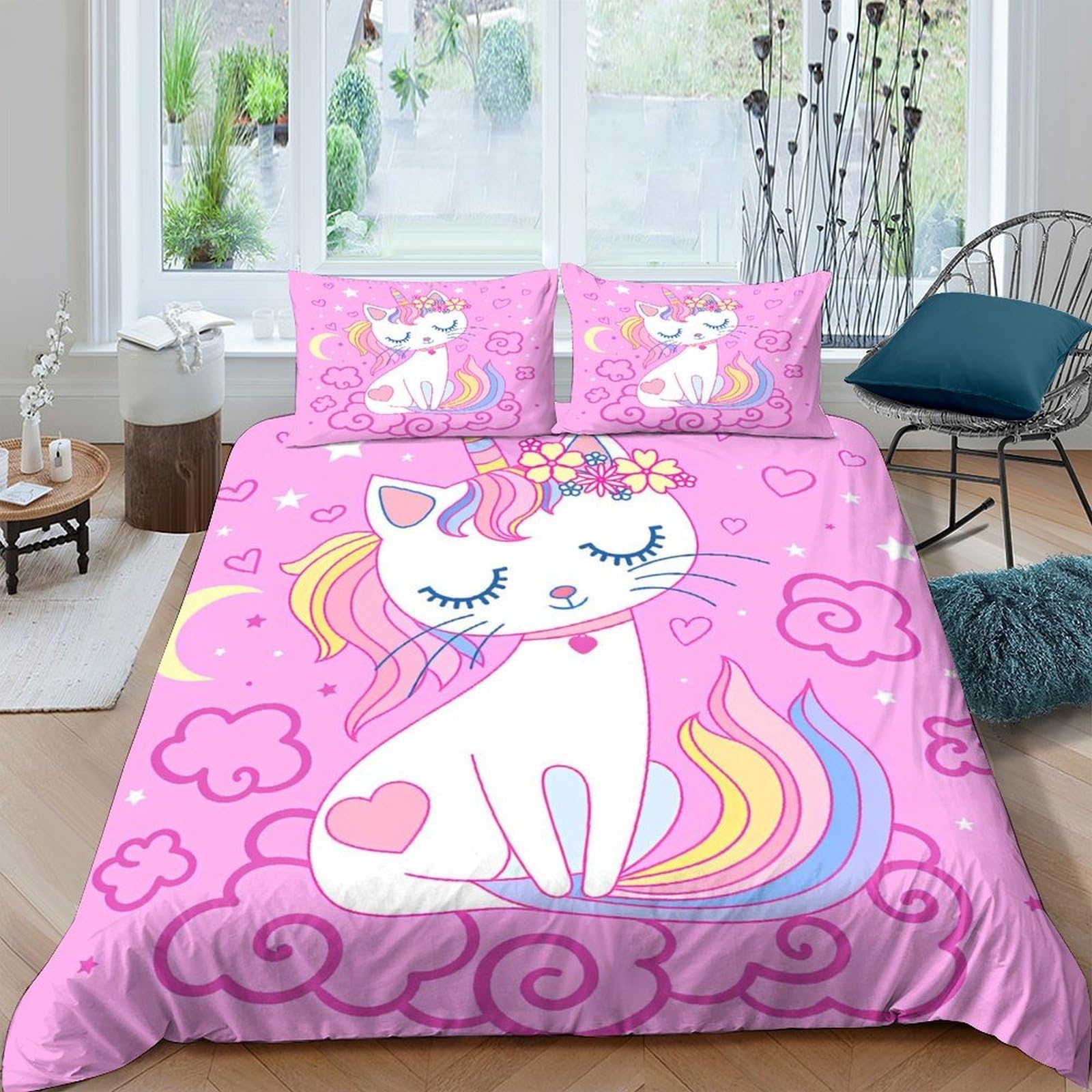 Ctjqhvkz Style-1 3D Printed Pink Unicorn Cat Fitted Sheet Microfiber Soft Breathable Rainbow Clouds Mattress Cover For Bedroom Dorm Room Decor Single（135X200cm）