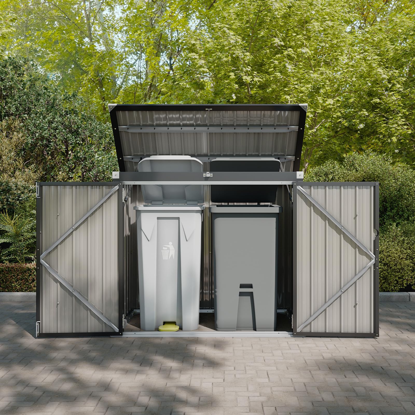 Aoxun 150x117x80 Metall Gerätehaus, Mülltonnenbox für 2 Tonnen, Gartenschrank mit Kettenzug-Deckel & Gasdruckfeder, zu öffnende Front- & Top-Türen, Schwarz