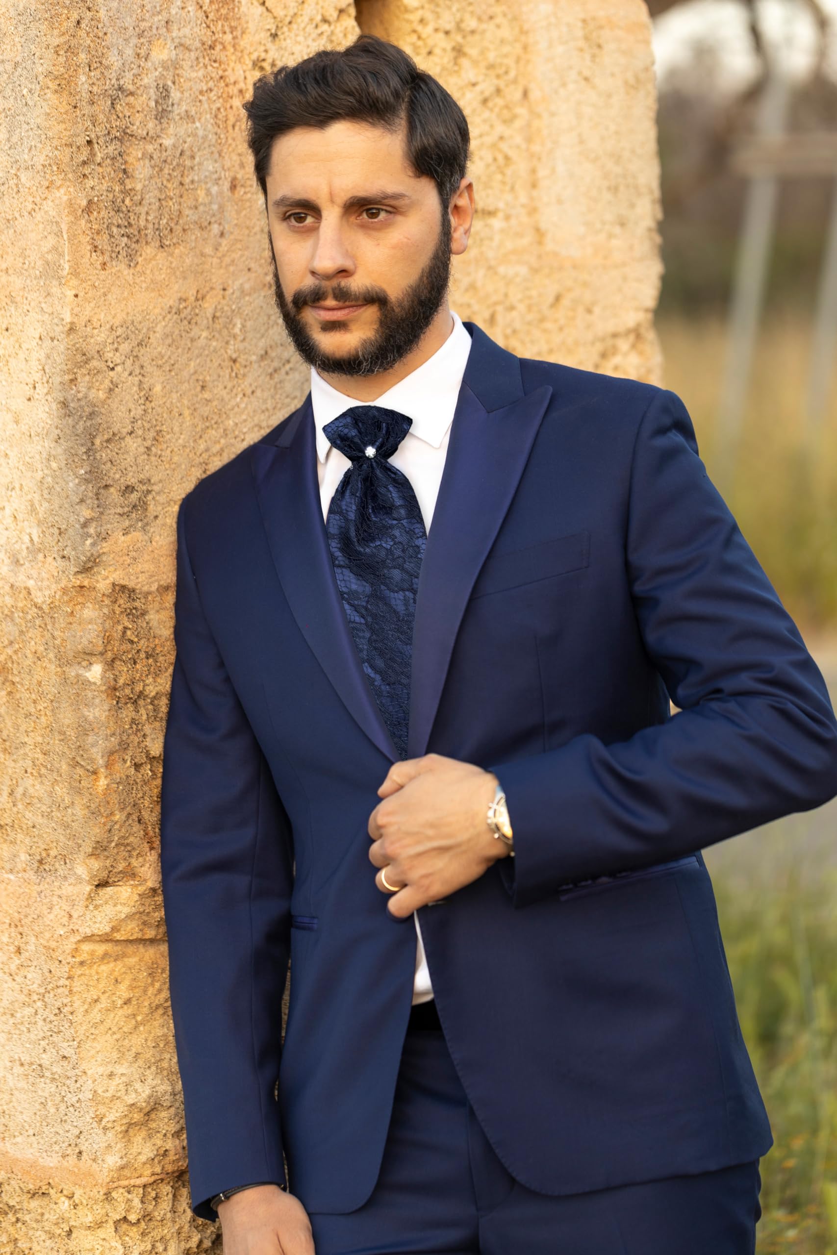 Remo Sartori - Plastron Krawatte für Bräutigam für Zeremonie aus Spitze und Seide, hergestellt in Italien, für Herren, blau, Einheitsgröße