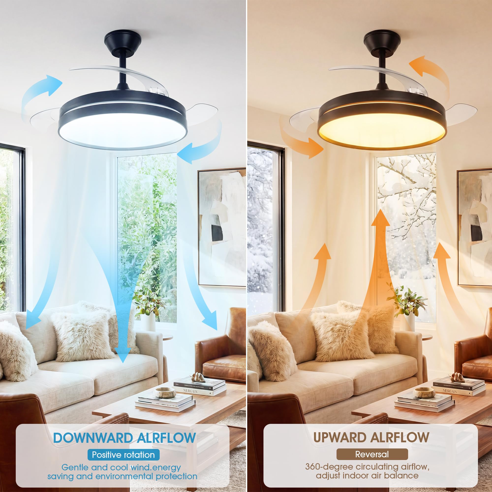 NIORSUN Deckenleuchte mit Ventilator, Deckenventilator mit Beleuchtung, App und Fernbedienung,Schwarz