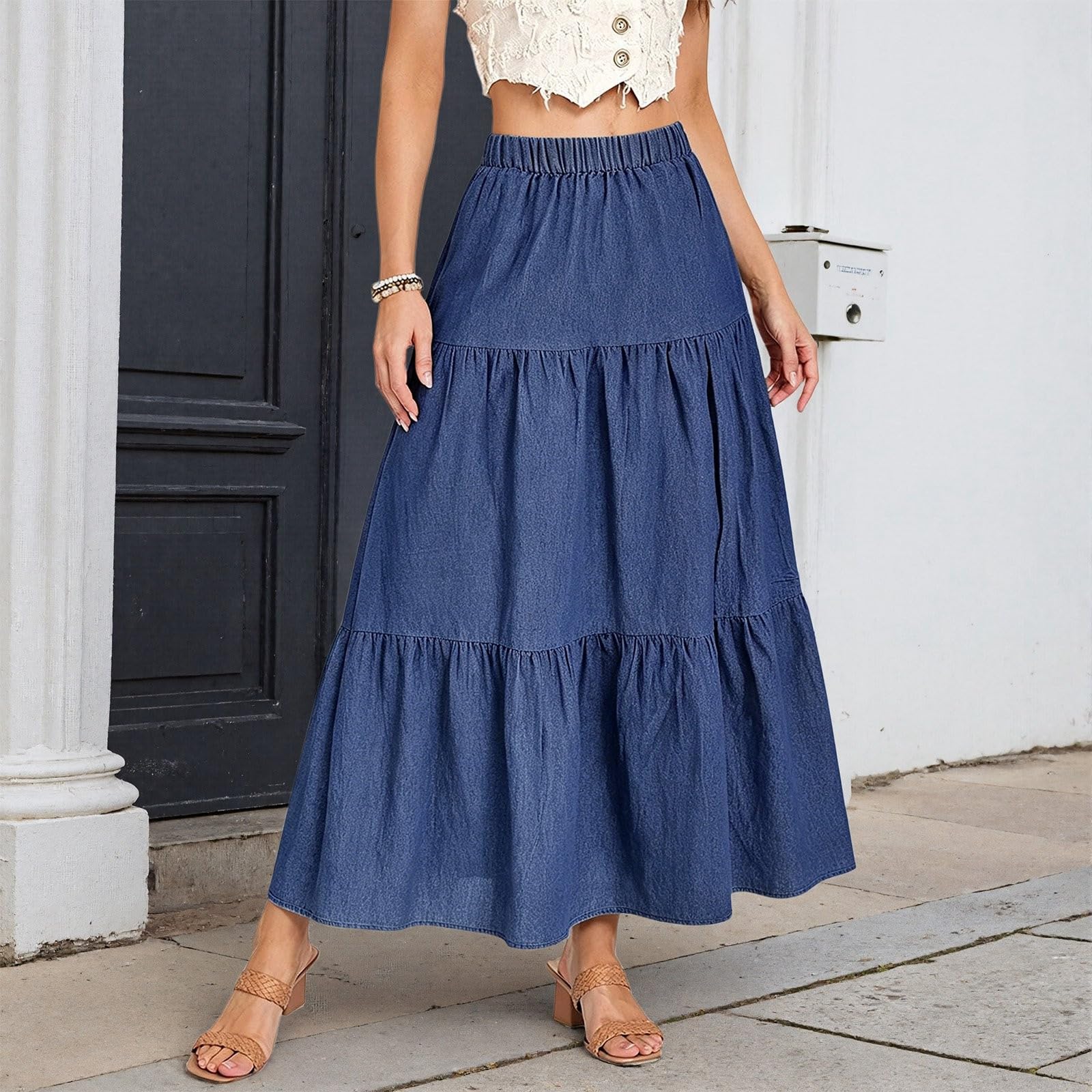 Falda Larga Vaquera Informal para Uso Diario, Falda Vaquera de Largo Midi para Verano y Entretiempo, Cintura Alta con Botones, Corte Recto, Bolsillos, Denim Suave