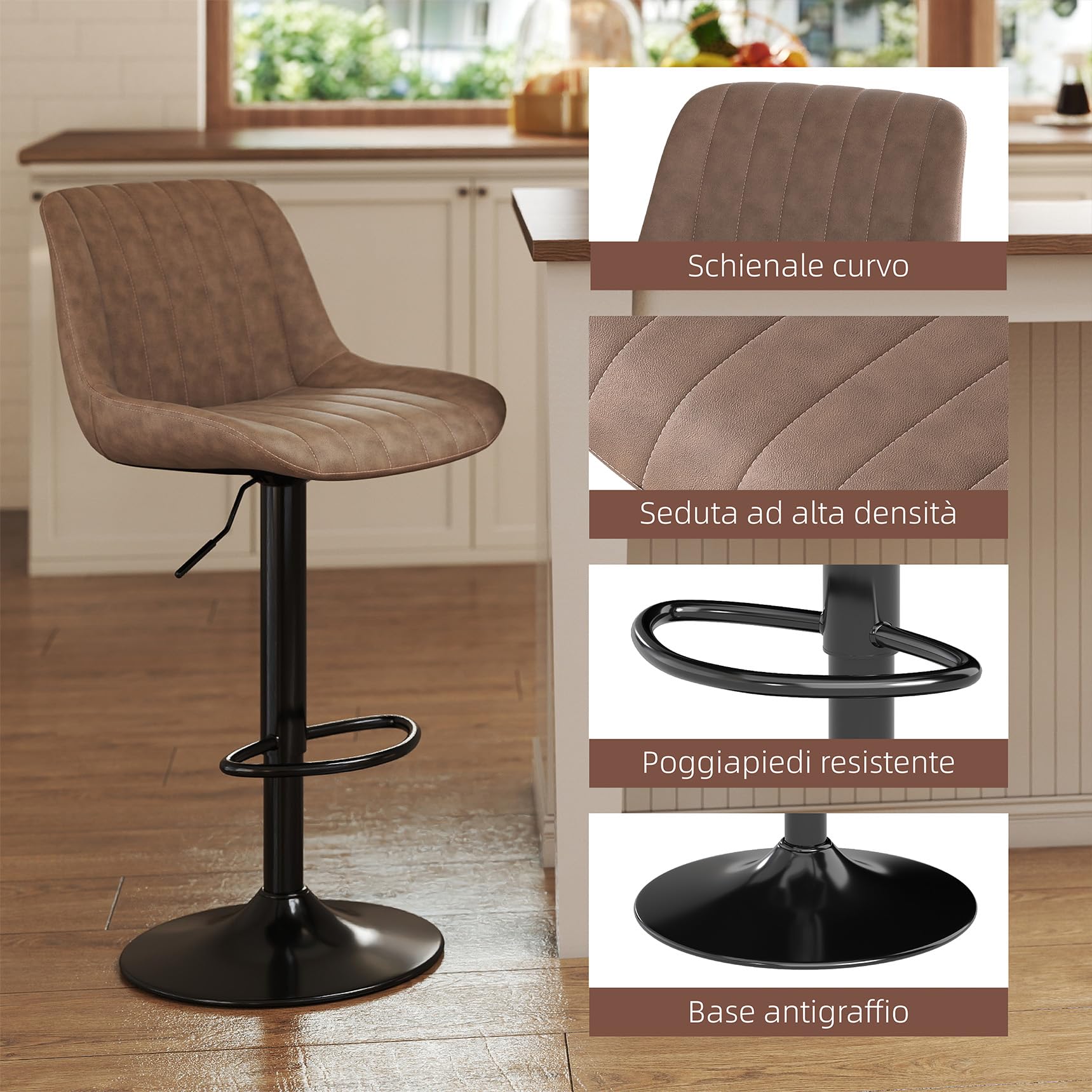 Youhauchair Sgabelli Cucina Set di 4, Sgabello Cucina Regolabile in Altezza con Schienale, Sgabelli Bar in Pelle PU, Sgabello Alto Moderni Design, Marrone