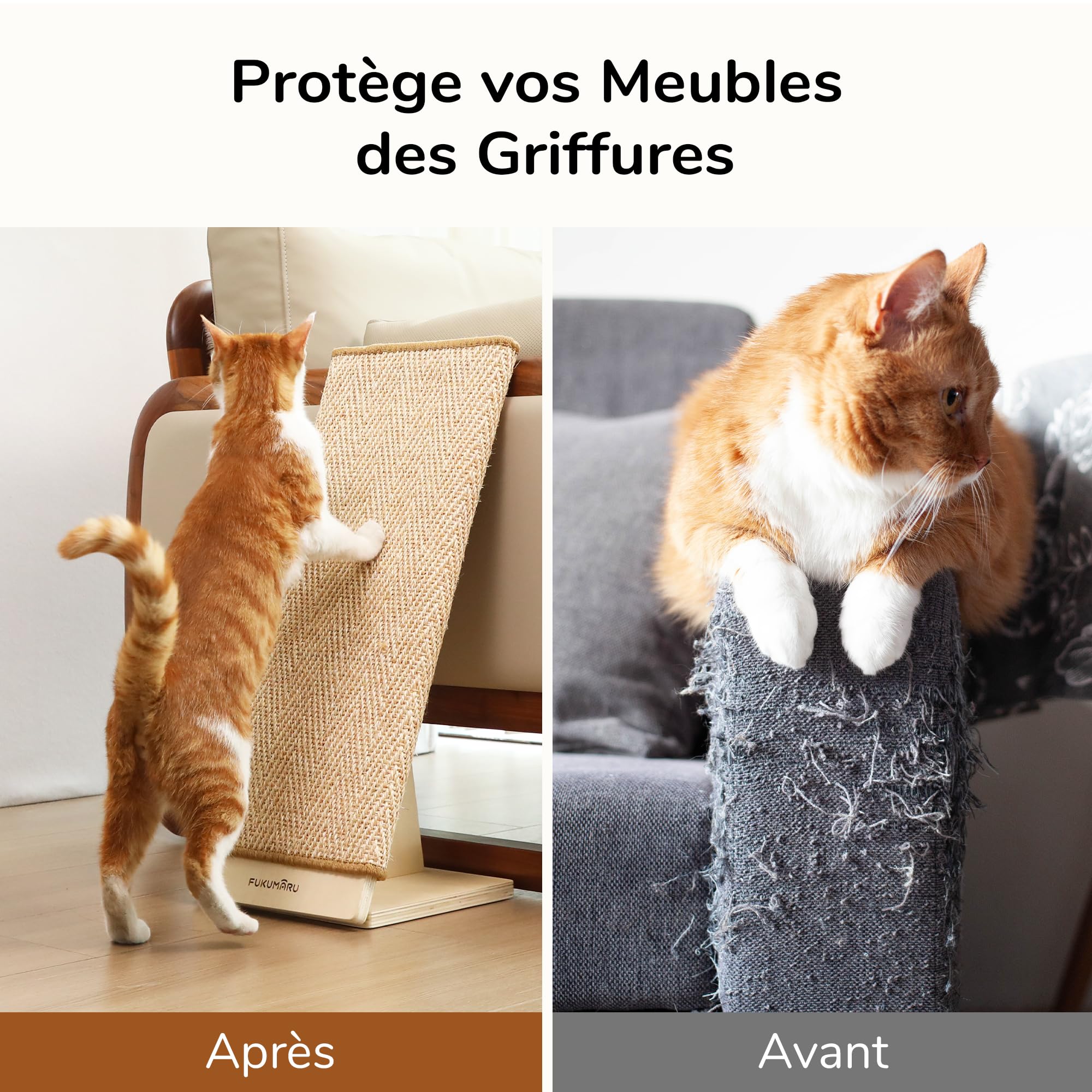 FUKUMARU Griffoir pour Chat, 60 cm en Sisal Naturel avec Rampe, Tapis Griffoir Interchangeable, Cadre en Bois Robuste en Forme de L, Protection des Meubles