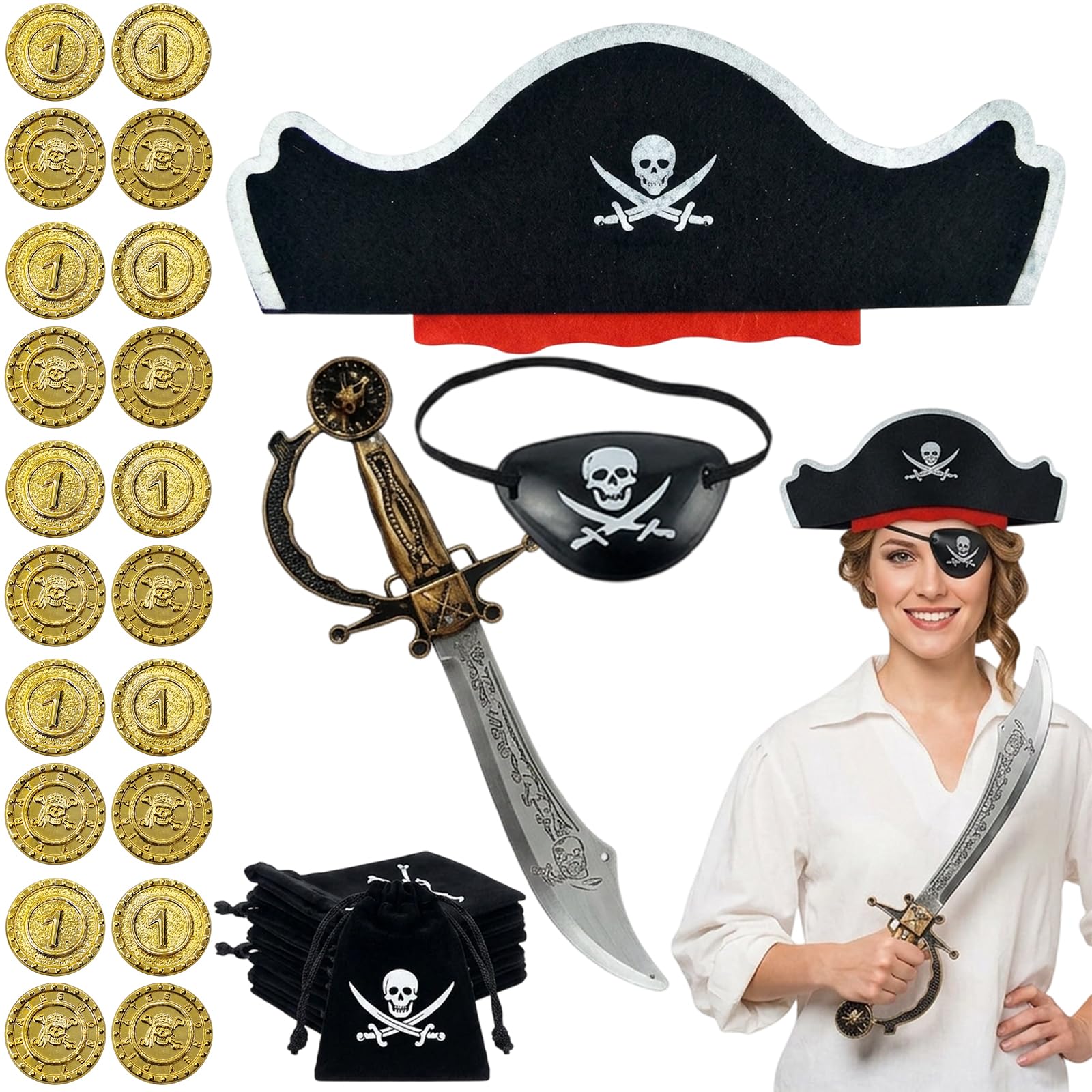 CtiUjdx 24Pcs Pirate Costume,pirate costumes, pirate hat,Complete Pirate Outfit for Role-Play Activities, Halloween Parties and Themed Events, Includes pirate accessories for Treasure Hunting Games