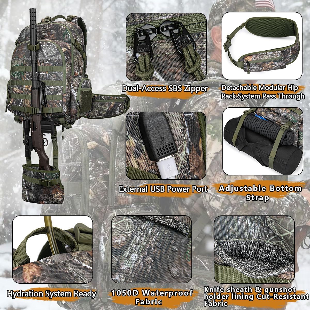TIANHAOPIU Pro 48L Tactical Hunting Backpack, Military Molle Camo System with Knife Compartment, Hydration,USB Port Ready for Outdoor Camping Hiking