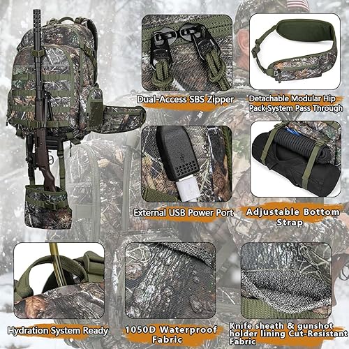 Miniatura 7 de TIANHAOPIU Pro 48L Mochila táctica de caza, sistema militar de camuflaje Molle con compartimento para cuchillos, hidratación, puerto USB listo para