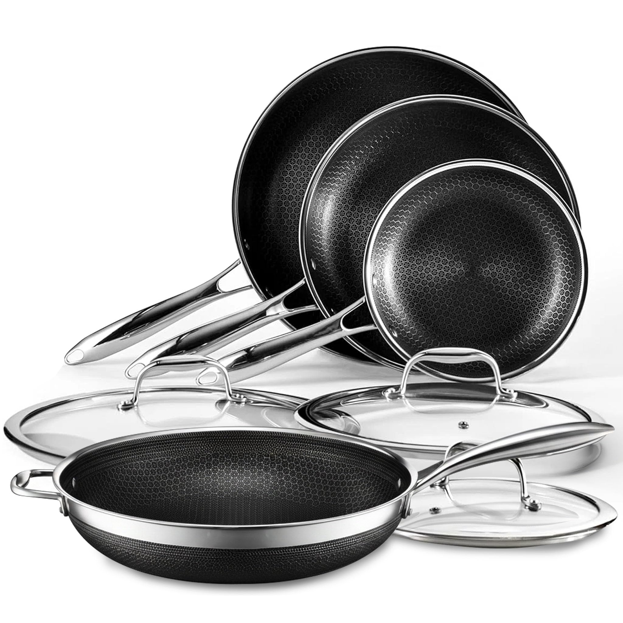 HexClad Hybrid Pfannenset 7-teilig mit Deckeln & Wok – Edelstahlpfannen mit Wabenstruktur – Antihaftbeschichtete Bratpfannen für alle Herdarten, auch Induktion – Backofen- und spülmaschinenfest