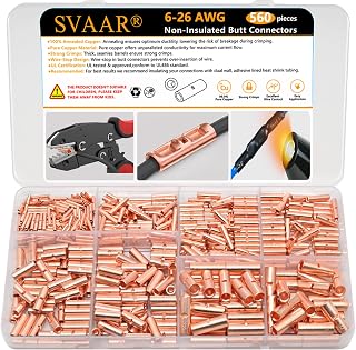 SVAAR 560피스 26-6 AWG 비절연 버트 커넥터 크림프 수리 버트 스플라이스 키트, 26~6게이지 와이어용 비절연 버트 스플라이스 커넥터, 튼튼한 순수 구리 심리스 배럴 버트 터미널