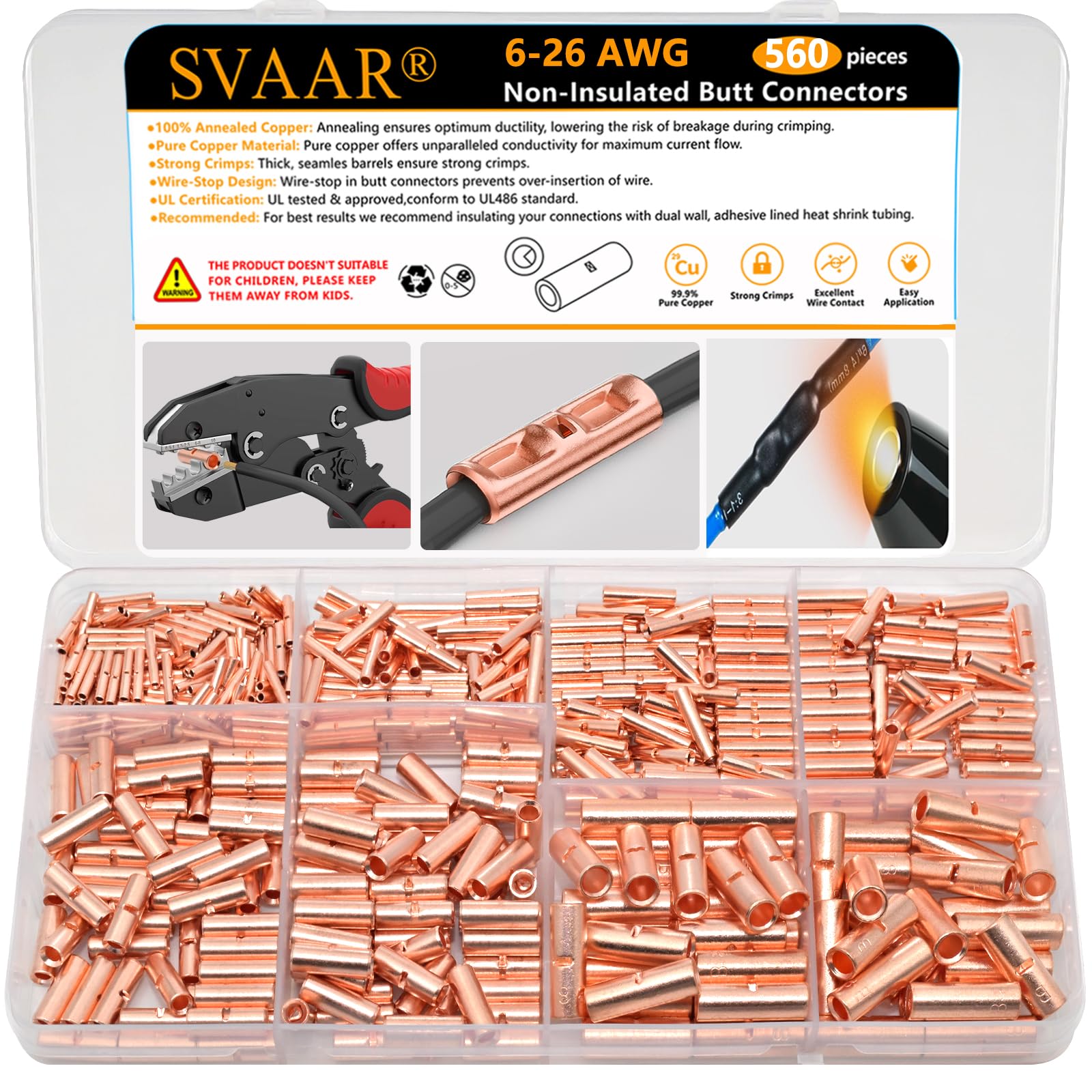 SVAAR Lot de 560 connecteurs bout à bout non isolés 26–6 AWG – Kit d'épissure bout à bout non isolé pour fil de calibre 26 à 6, bornes bout à bout en cuivre pur robuste sans couture