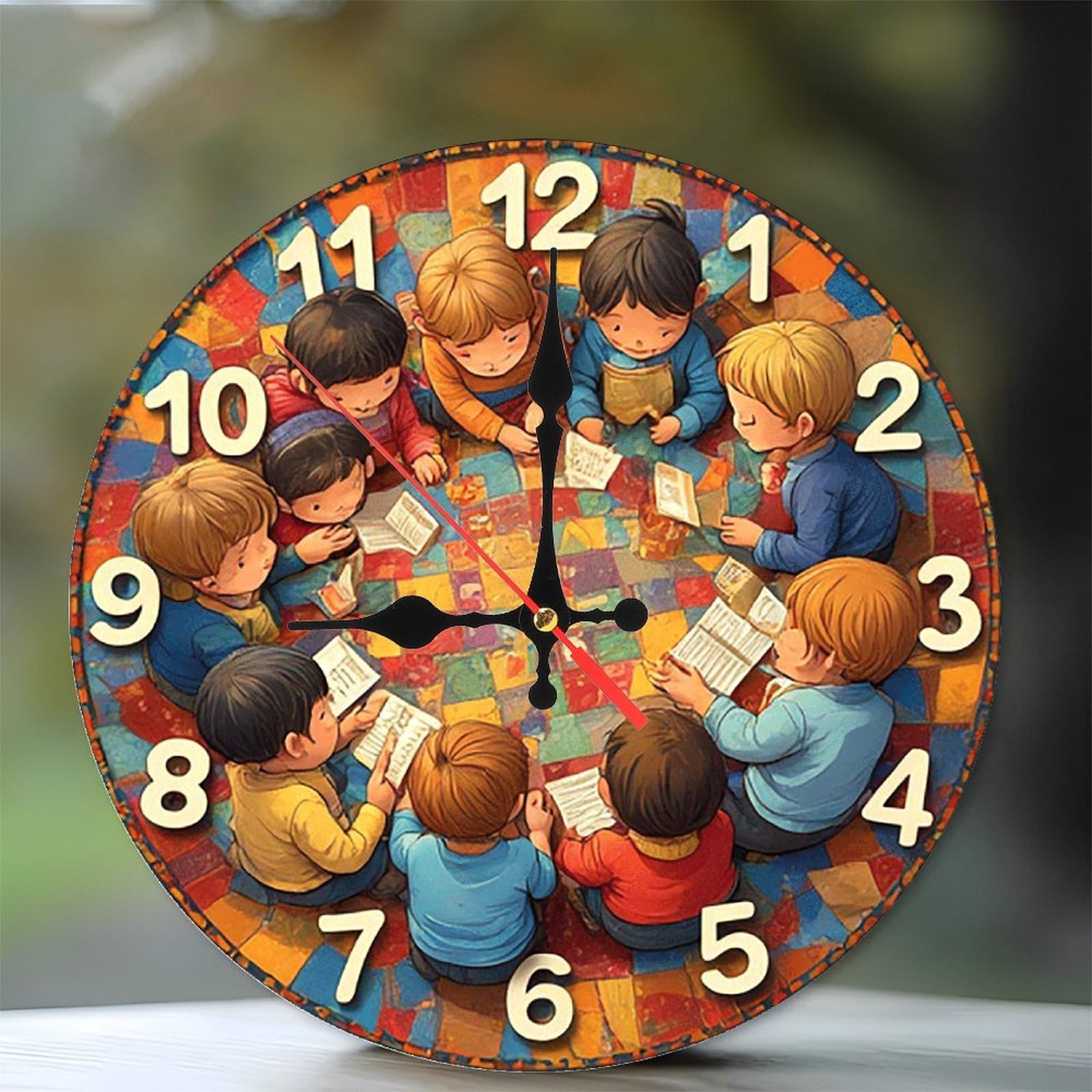 Lancholy Kids Circle Wall Clock Children Reading 10-Inch Wooden Wall Clock, Silent Movement, Battery Operated (AA Batteries Not Included), Artistic