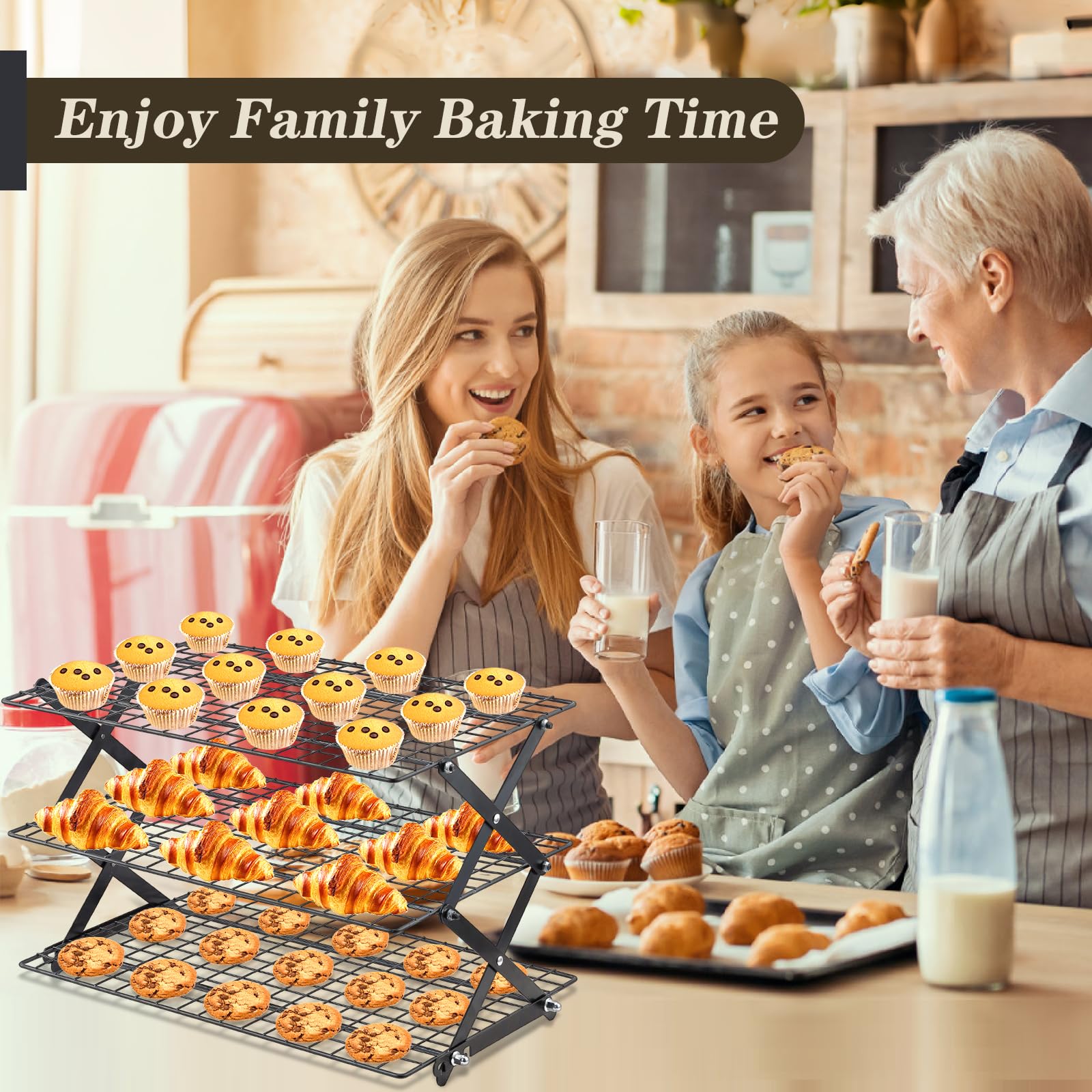 Pleafind Zusammenklappbares Kühlgitter mit 3 Ebenen, 3 Einstellungen, verstellbares und stapelbares Backregal, 5 Modi, Kühlgitter zum Kochen und Backen, Braten und Grillen, Geschenke für