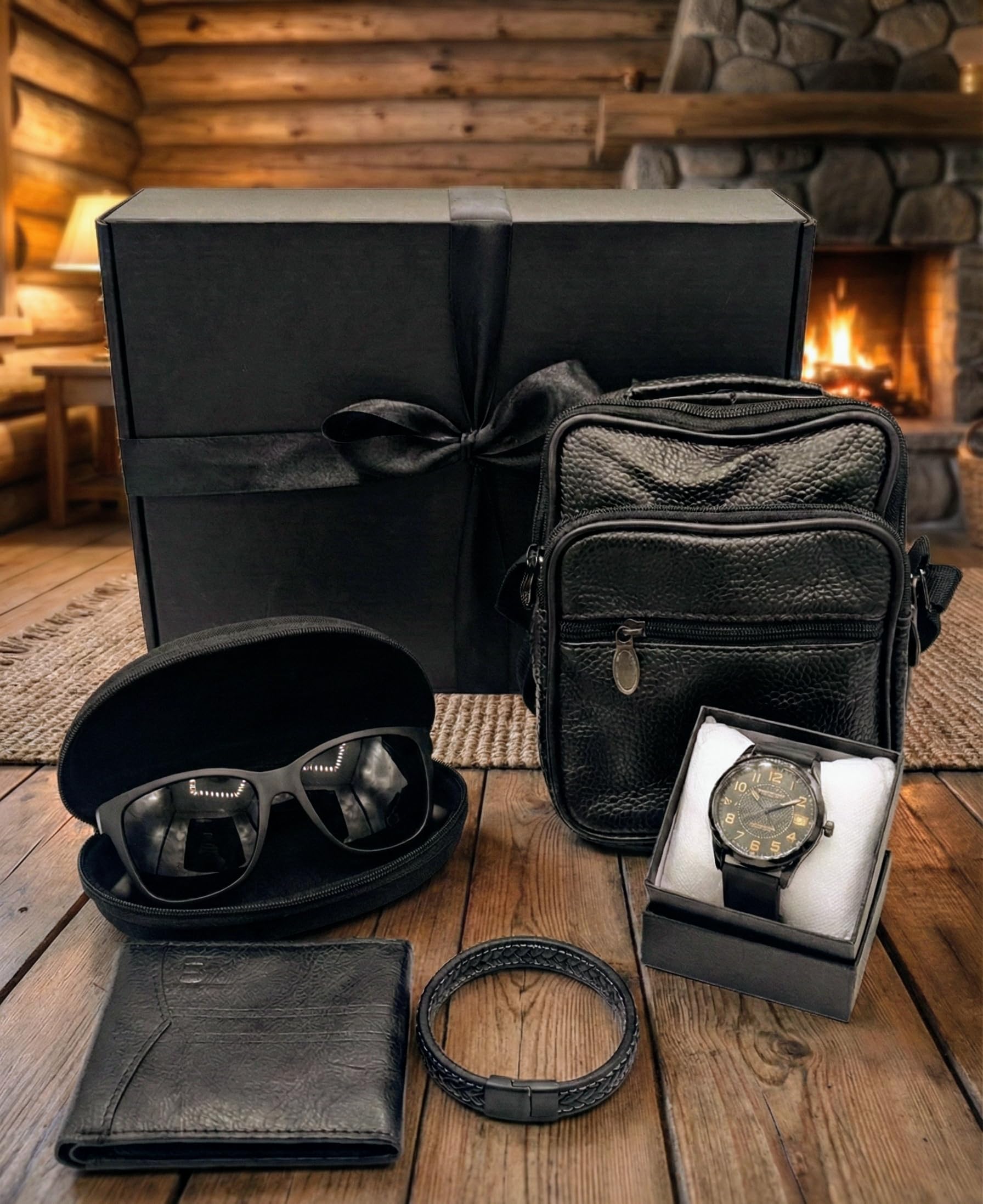 Aqua Gift Caja De Regalo con Set De Cartera Monedero, Pulsera, Bandolera, Reloj y Gafas De Sol con Estuche Rigido Conjunto De Vestir Elegante para Hombre