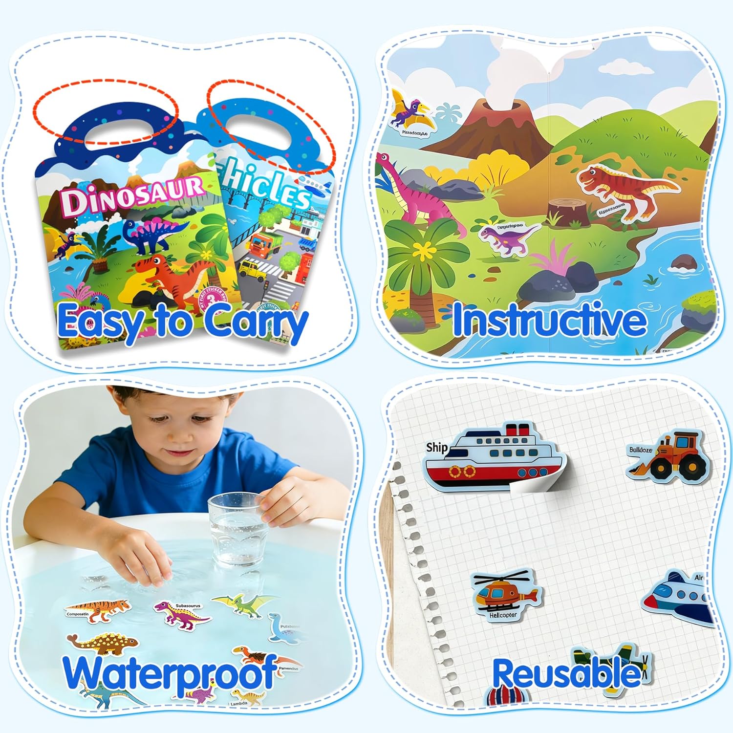 2 Sets Reusable Sticker Book for Kids, Puffy Jelly Stickers for Toddlers, Travel Essentials Craft Activities Toys for Boys Birthday Gifts - Dinosaur & Vehicles