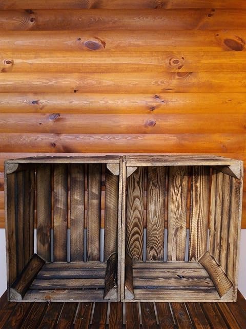 PYXIDAS Wooden Crates Dark color Burn Effect Vintage - set of 2 Fruit Boxes, dimensions 50x40x30 cm - medium size, can be used as storage or decorative, durable and clean, solid storage crate