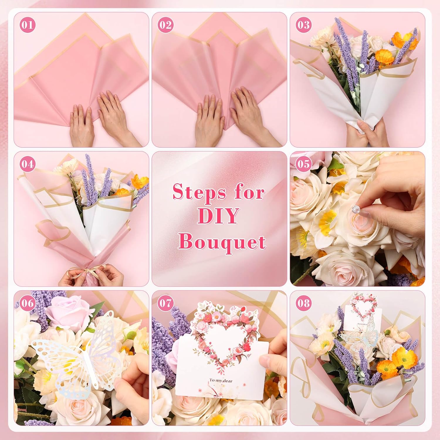 Thrilez 187PCS Flower Bouquet Wrapping Paper Kit Includes 40 Floral Paper, 24 Butterflies, 100 Bouquet Pins, 3 Ribbons and 20 Greeting Cards for Mother's Day Wedding Baby Shower Graduation