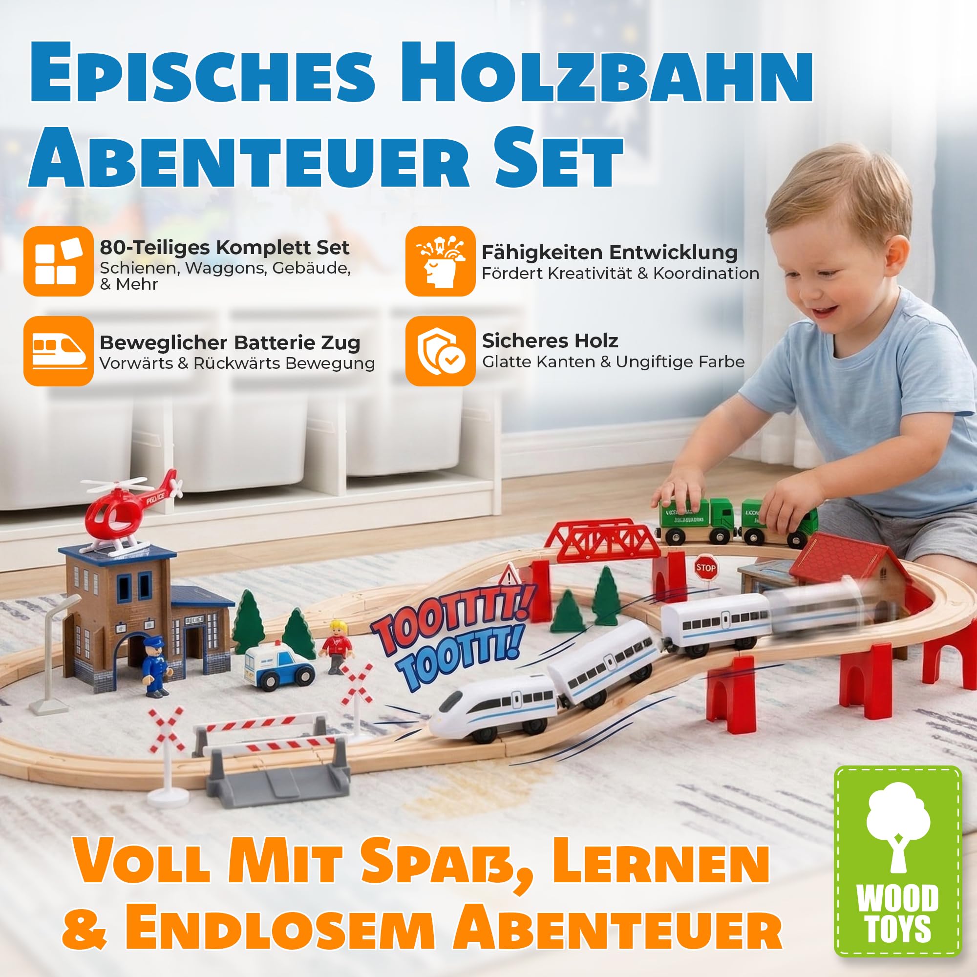 Green series Holzeisenbahn Set für Kinder - Eisenbahn Holz | Spielzeug Zug | Polizeistation, Autobahn und Bahnset mit Brücke, 80 Teilen, 378 cm lang | Holz Eisenbahnen | Holzzug | Modell GS0010