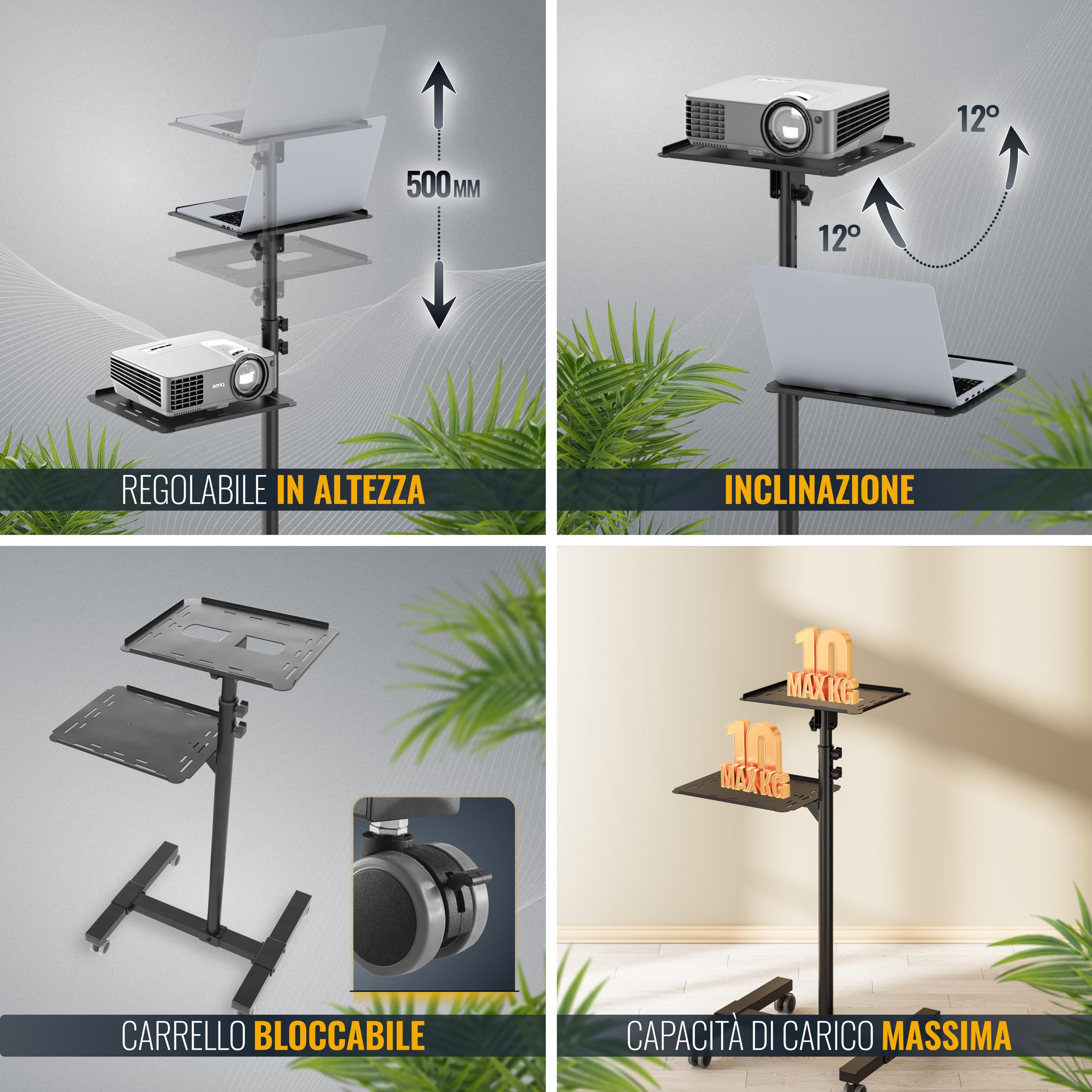 RICOO Supporto proiettore pavimento CZ0800 Porta beamer mobile Cavalletto terra Altezza regolabile Rialzo universal Mensola per PC portatile