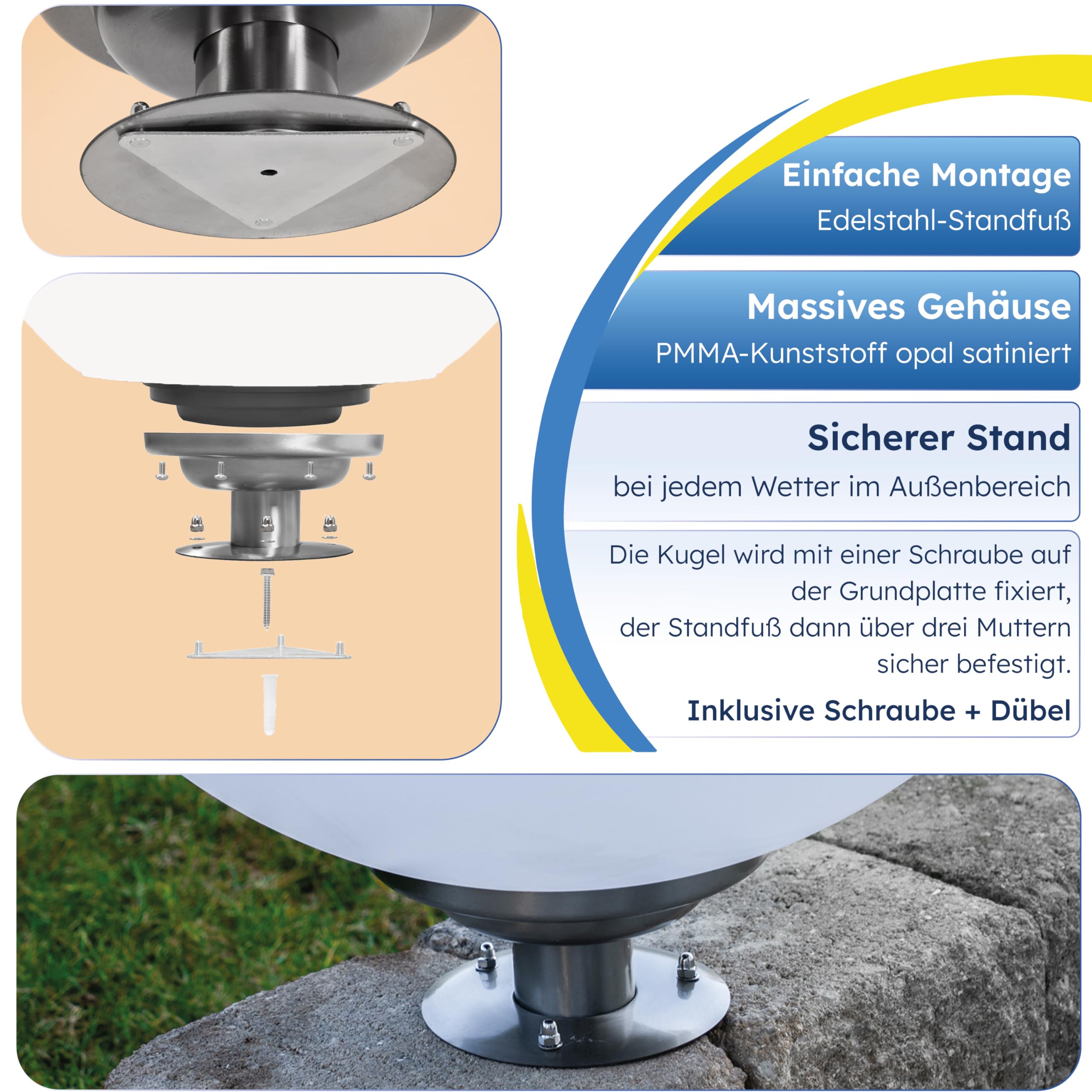 Esotec Solar Leuchtkugel Liana 50 CCT, multicolor, Fernbedienung, Edelstahl Standfuß, Li-Ion Akku, RGB LED Gartenkugel, Solarkugel, IP44, wetterfest, winterfest, außen, D=50cm, 102665