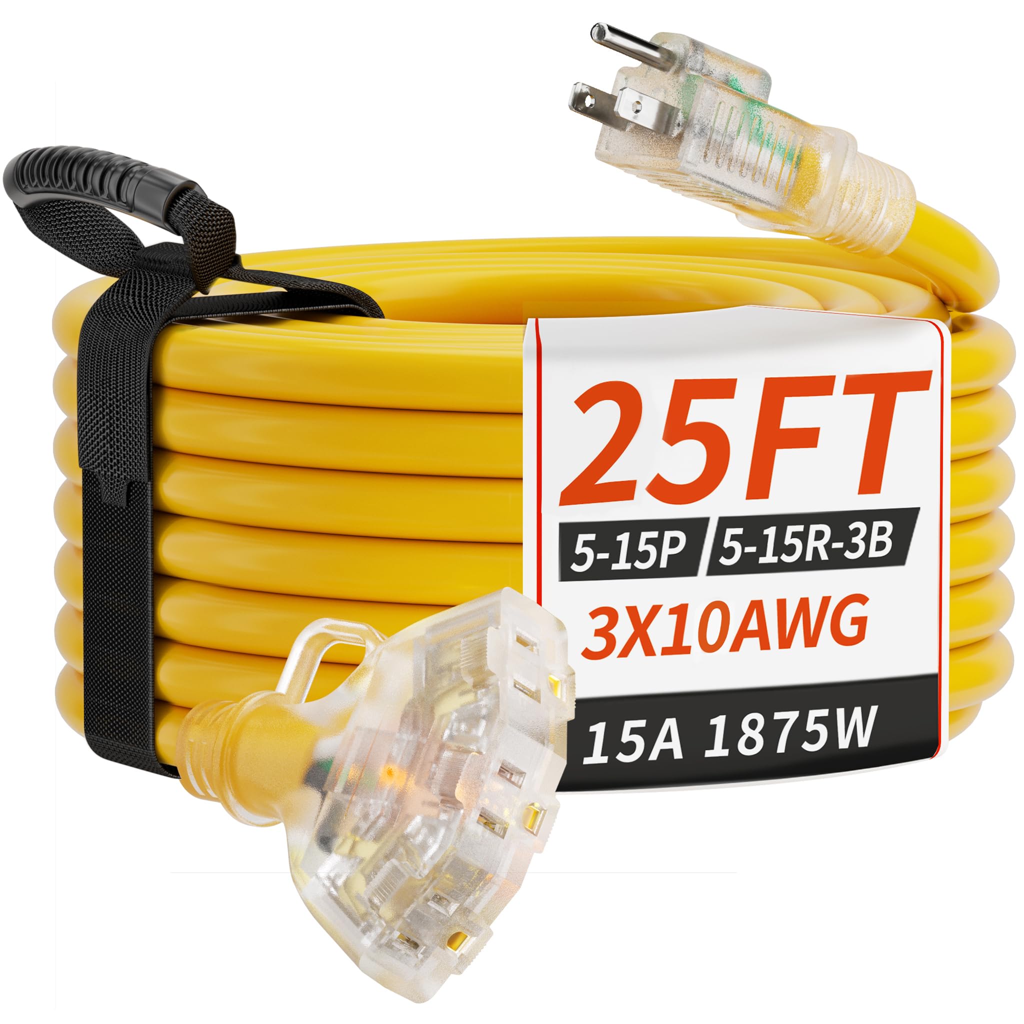 PlugSaf 25 FT 10/3 Gauge Outdoor Extension Cord with Multiple Outlets Light Indicator, Flexible 3 Outlet Weatherproof Heavy Duty Extension Cord Waterproof Yellow, 15A 1875W 10AWG SJTW, ETL Listed