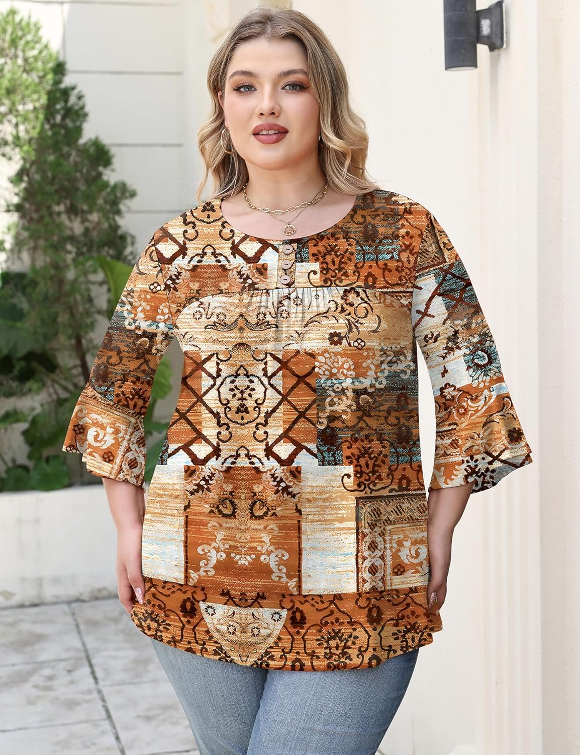 Rapbin Plus Size Tops for Women 3/4 Ruffle Sleeve Crew Neck Button Down Pleated Blouses Casual Fashion Tunic (1X-5X) - Image 3