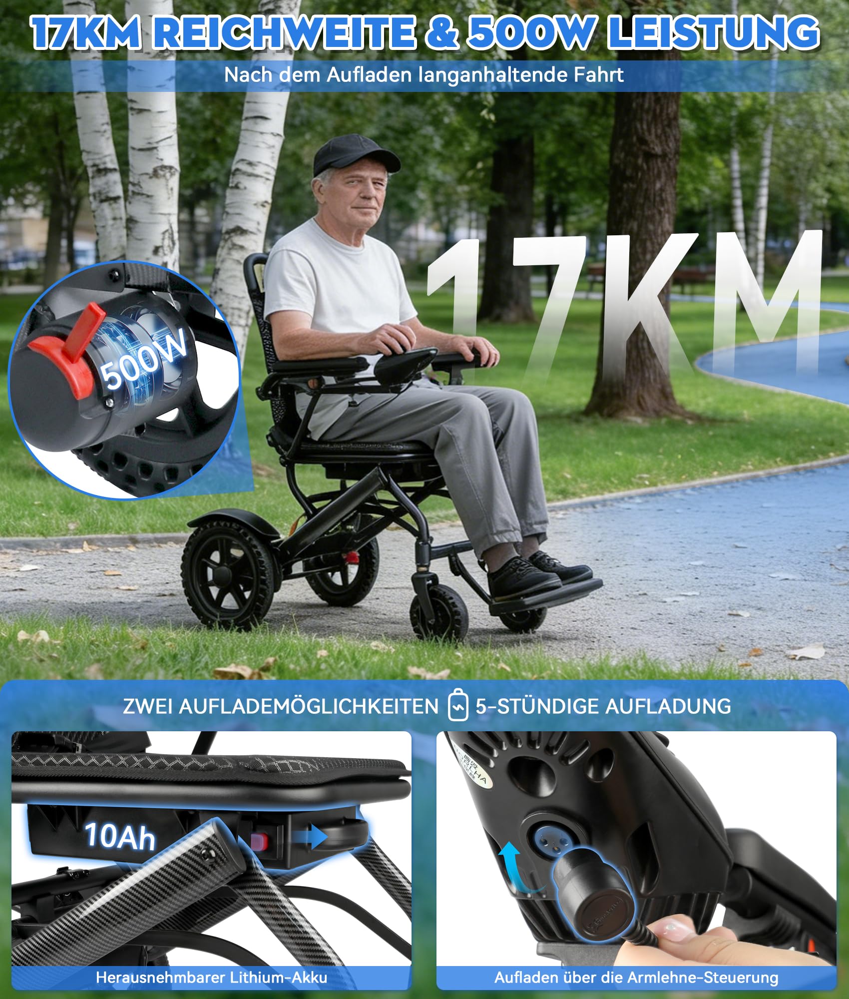Silla de Ruedas Eléctrica Plegable, 170KG Capacidad de Carga, Silla de Ruedas Eléctrica Ligera con Doble Control & Motor 500W & Freno Electromagnético para Mayores (Negro)