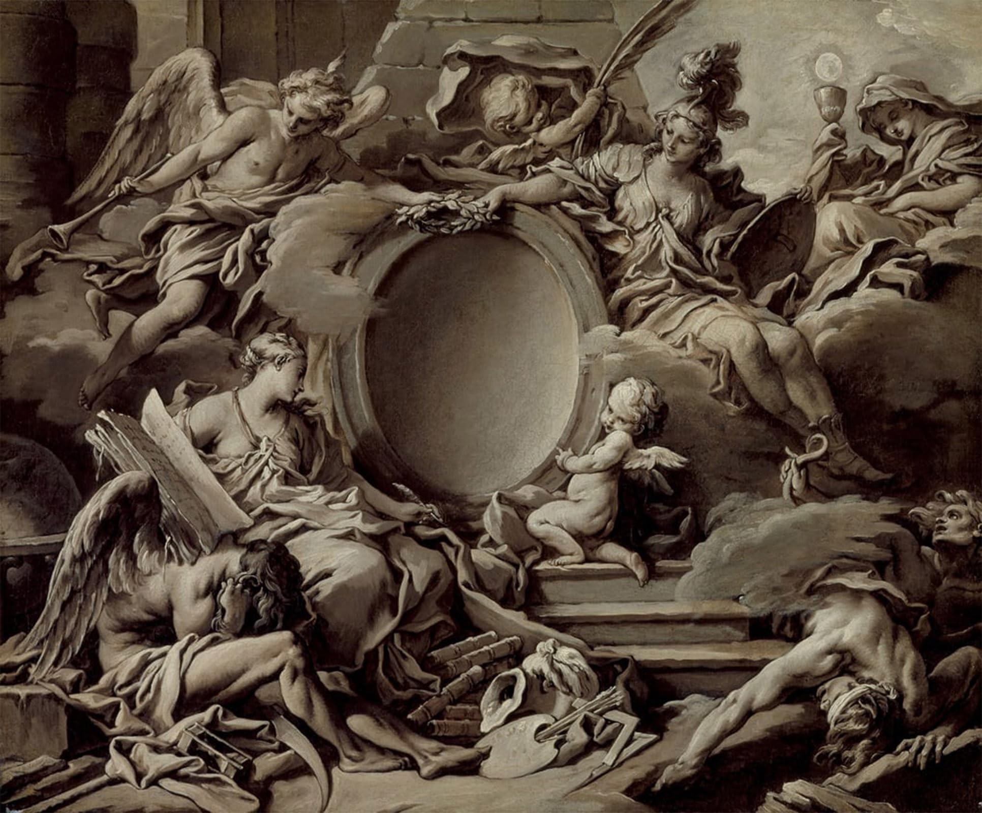 ARTXLXXBN Famous Print Painting Colorful Art Print Project for a Cartouche: An Allegory of Minerva Fame History and Faith Overcoming Ignorance and Time by François Boucher for Home Decor 60x90cm