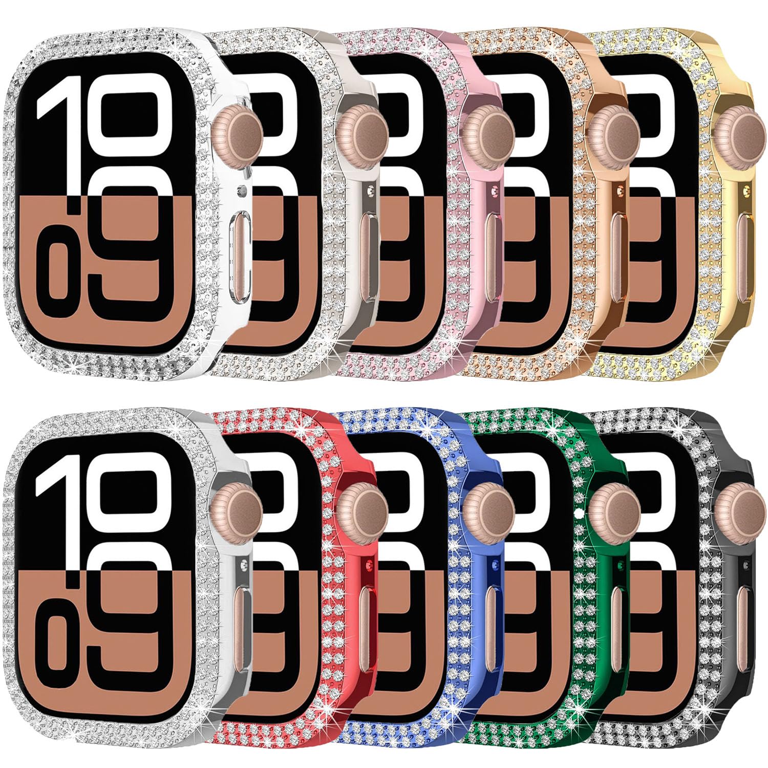 Compatible avec Apple Watch Series 10 de 46 mm - Double rangée de strass brillants - Coque de protection en polycarbonate pour homme et femme (lot de 10, série 10, 46 mm)