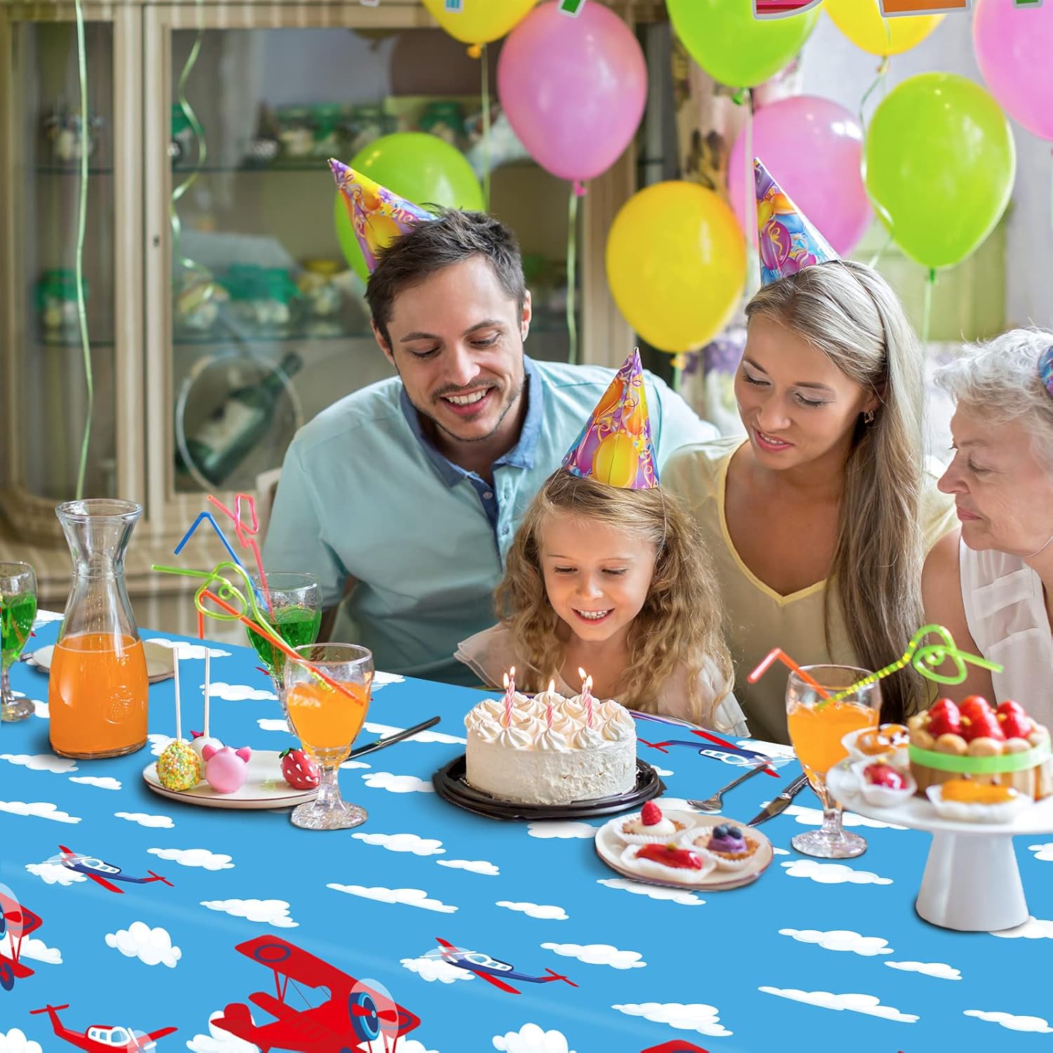 Wiooffen 3pcs Airplane Party Tablecloth Supplies Plane Plastic Table Cloth Helicopter Blue Sky Theme Table Cover Favors Disposable Tablecloths Birthday Decorations for Kids, 54” x 108” - Image 6