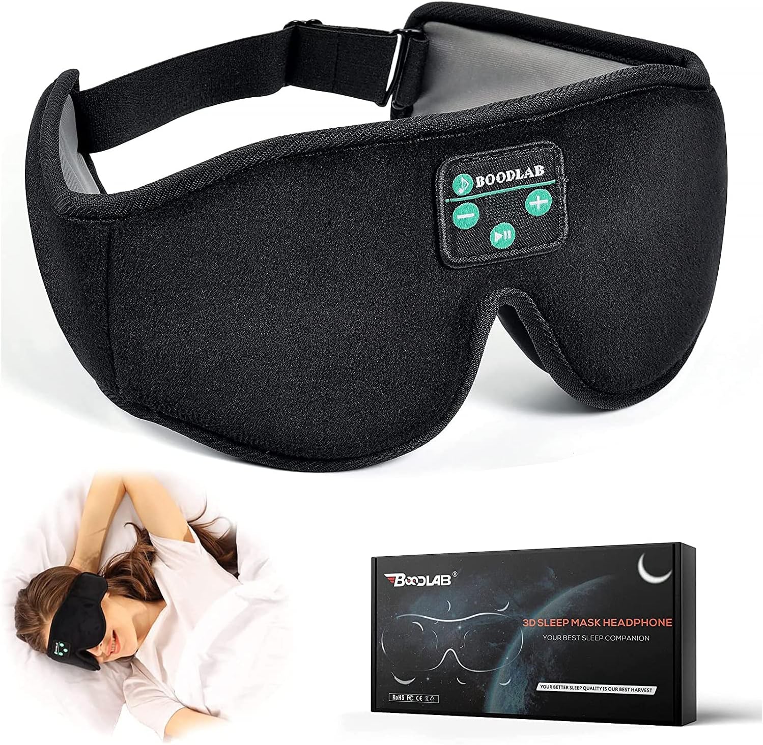 Sleep Mask with Bluetooth Headphones, Boodlab 3D Bluetooth Sleep Mask with Ultra Thin Speakers