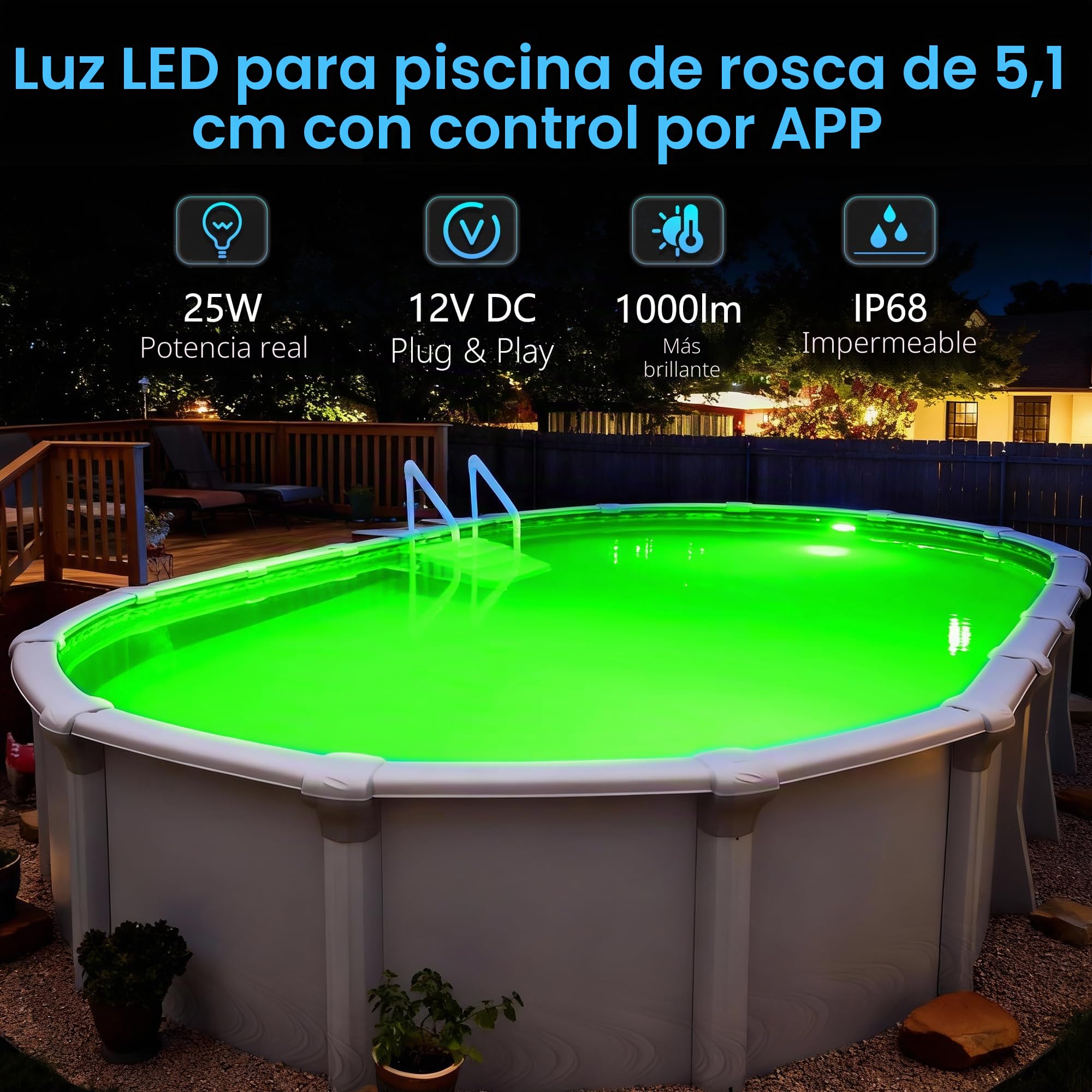 25W Foco LED Piscina con Rosca 2", RGB Lámpara Piscina para Piscinas Elevada Acero, Control APP y Timer, 12V AC Proyector Relleno de Resina Impermeable IP68 Luz Sumergible con Cable 9,5m