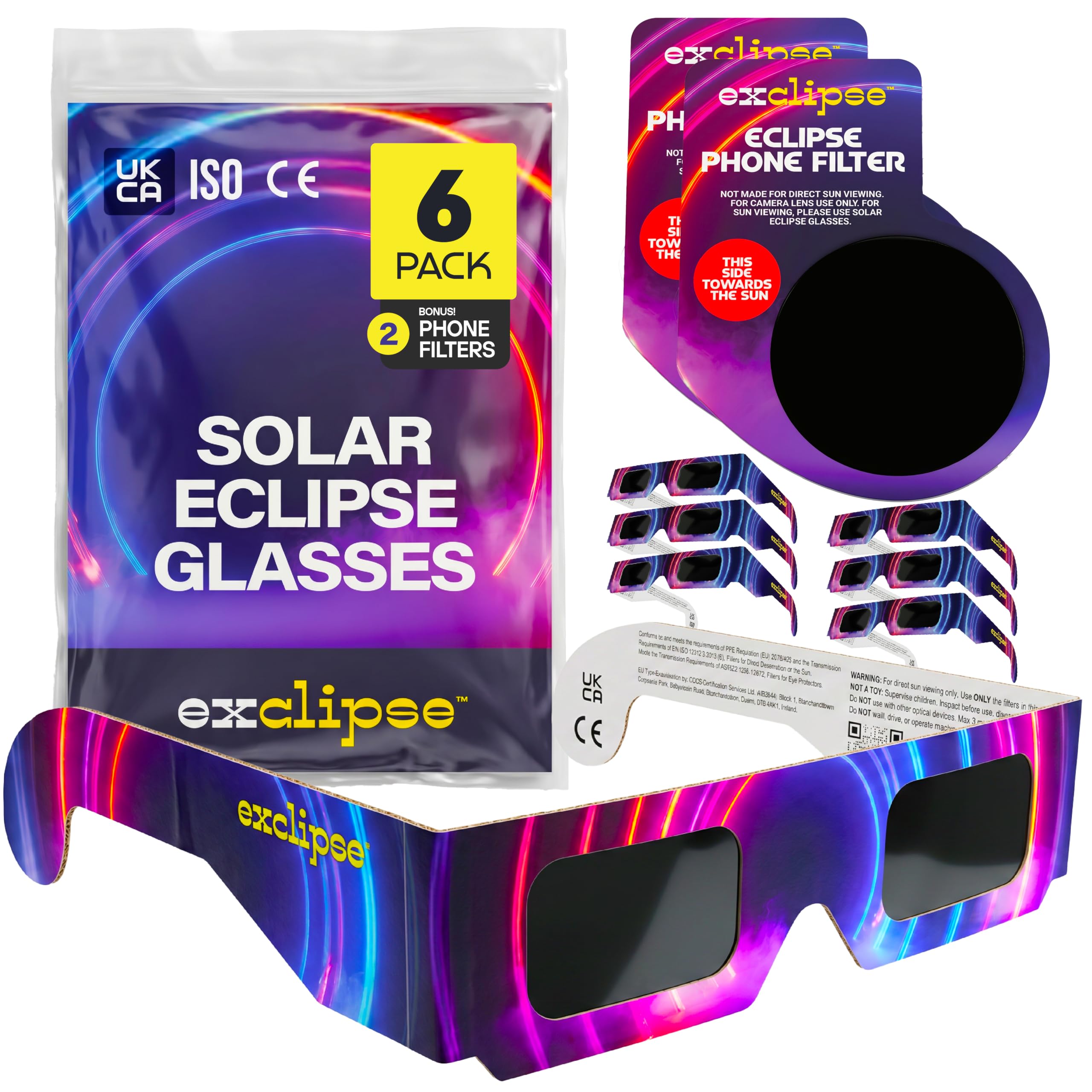 exclipse Solar Eclipse Glasses – ISO 12312-2 & CE & UKCA Certified Safe Sun Viewing Glasses, Direct Solar Observation, Eclipse 2026 Viewing, Bulk Pack (6 Pack - 2 Filters)