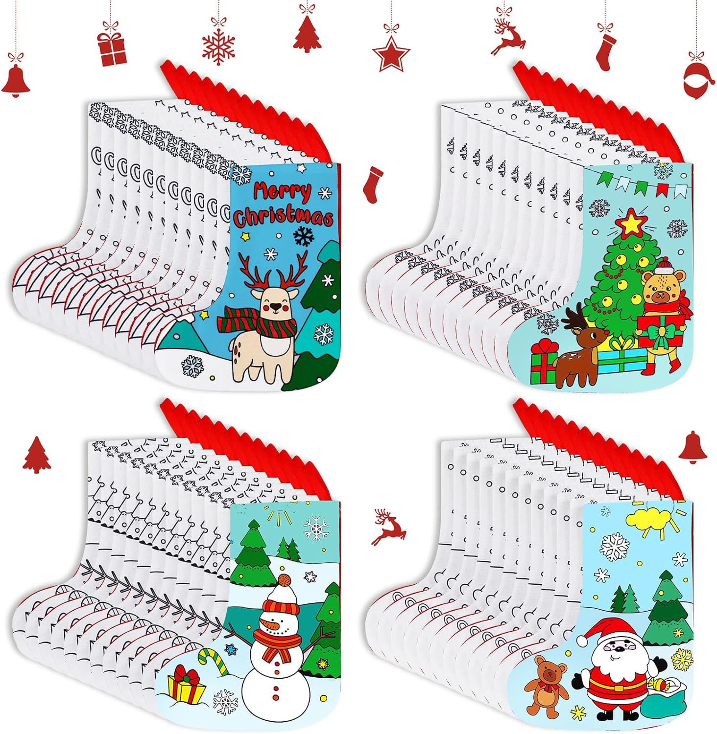 Toulite Color Your Own Christmas Stockings for Kids, Bulk DIY Christmas Stockings Crafts Kit, Xmas Stockings Gifts for Kids and Adults Family Holiday Decoration, Santa Claus Snowman Reindeer