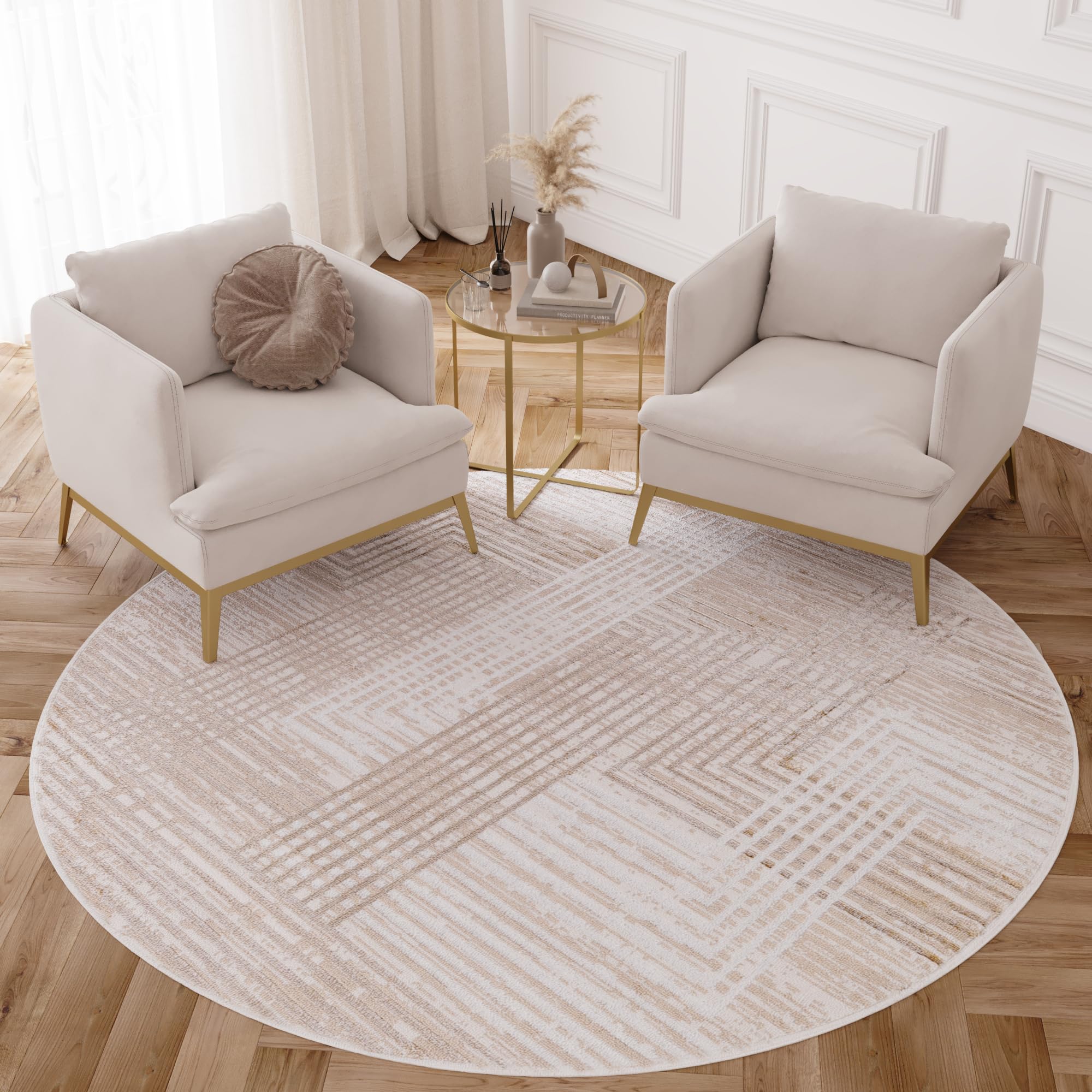 TAPISO Crystal Redonda Alfombra de Pelo Corto Brillante Suave Diseño Moderno Beige Marrón Crema Blanco Geométrico Efecto 3D Alfombra de Salón Habitación Dormitorio Oeko-Tex 120 x 120 cm