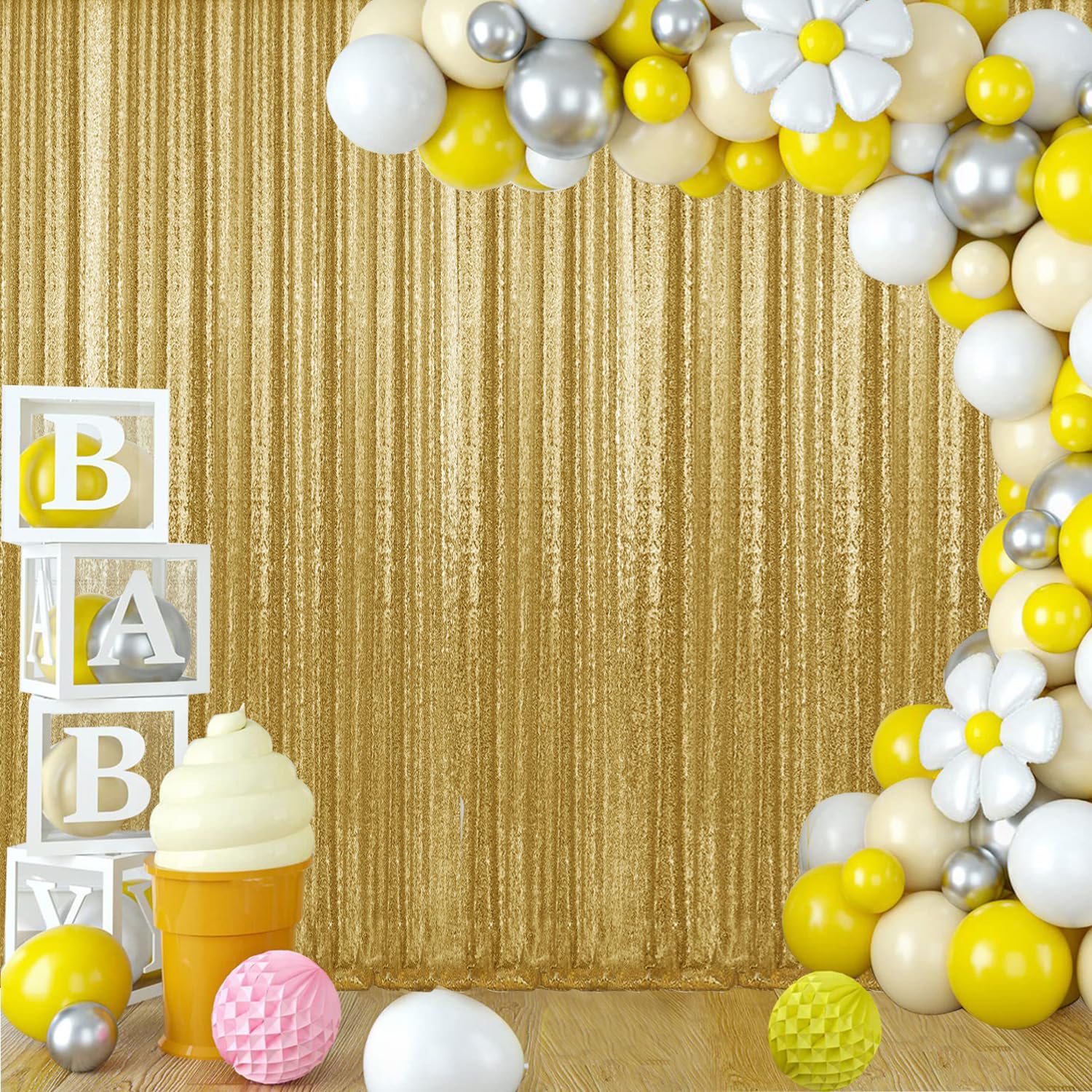 Lot de 2 rideaux à paillettes dorées de 2,4 m, pour photographie, décoration de fête de mariage