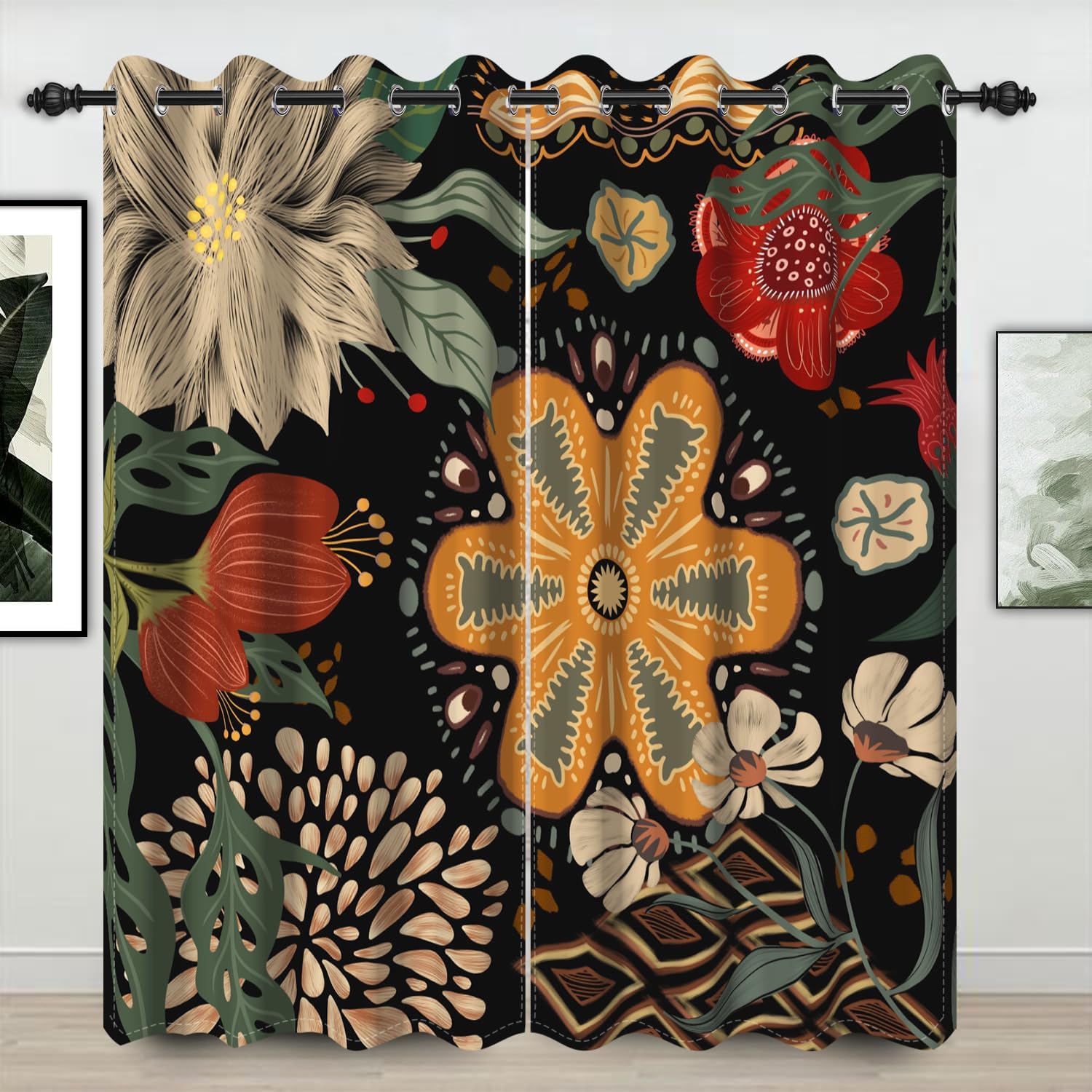 Vintage Floral Window Curtains Retro Chrysanthemum Flower Colorful Boho Style Exotic Blackout Curtain for Modern Elegant Living Room Bedroom Decor Window Treatment Curtain 2 Panel, 42x63 Inch