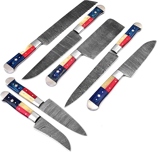 Miniatura 5 de Juego de 7 cuchillos de cocina profesionales hechos a medida de acero de Damasco  El juego de cuchillos de cocina de chef incluye picadoracuchillo