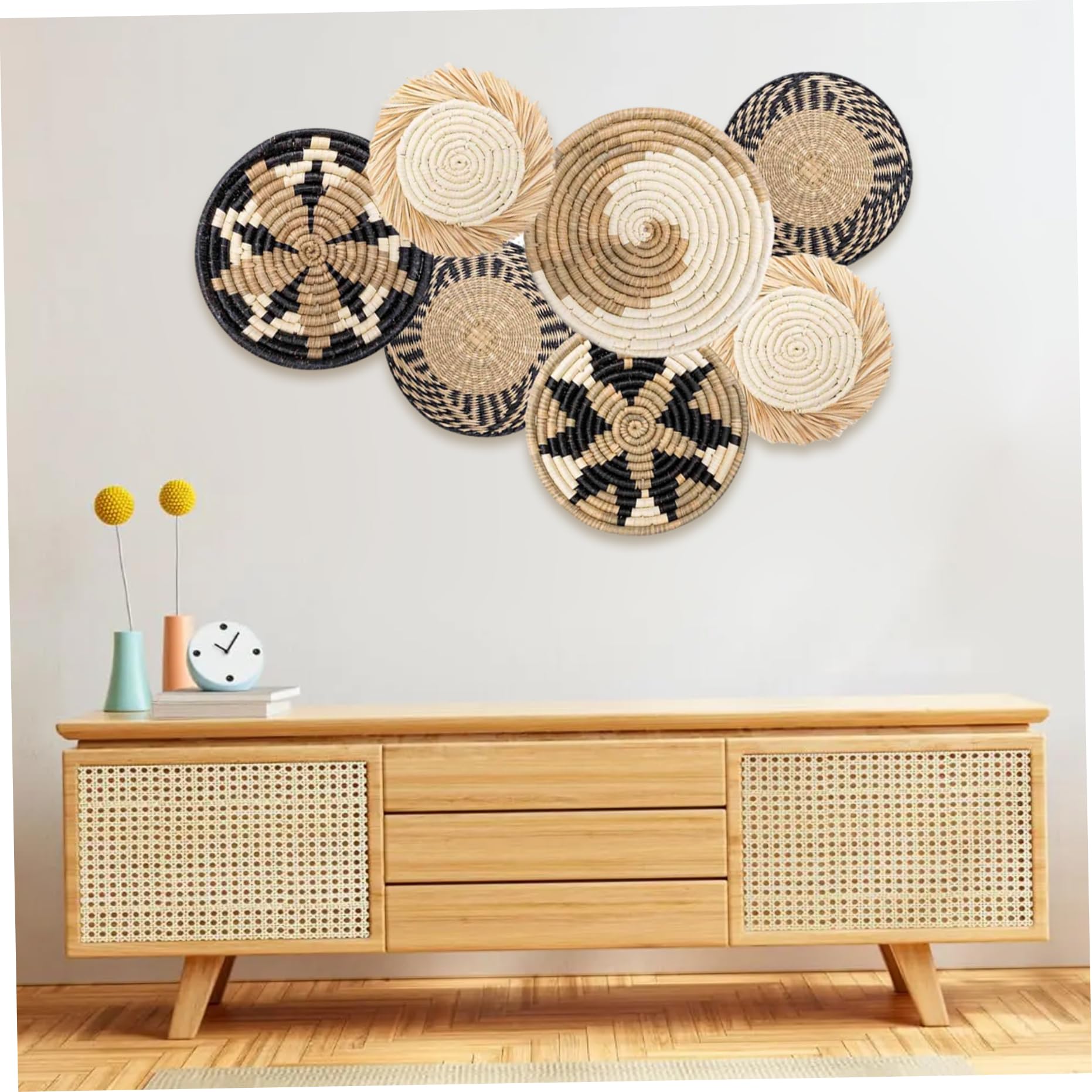 NASSMOSSE Wallkorbdekoration Set, 7pcs gewebte Korbkörbe von Weiden, rustikales Bauernhaus Wanddekor, Schlafzimmer und Wohnzimmer Wandhängekörbe