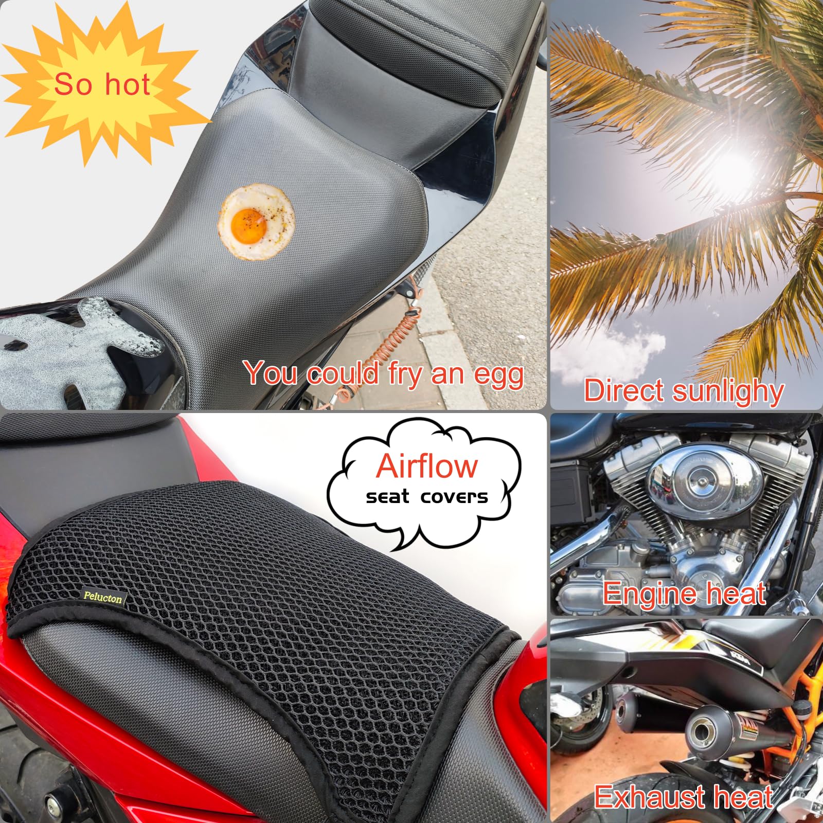Pelucton Double-Layer Motorcycle Cool Seat Cover, Universal Breathable Motorbike Mesh Seat Cushion pad, Airflow Non-Slip Motorcycle Saddle Sun Protection Cover