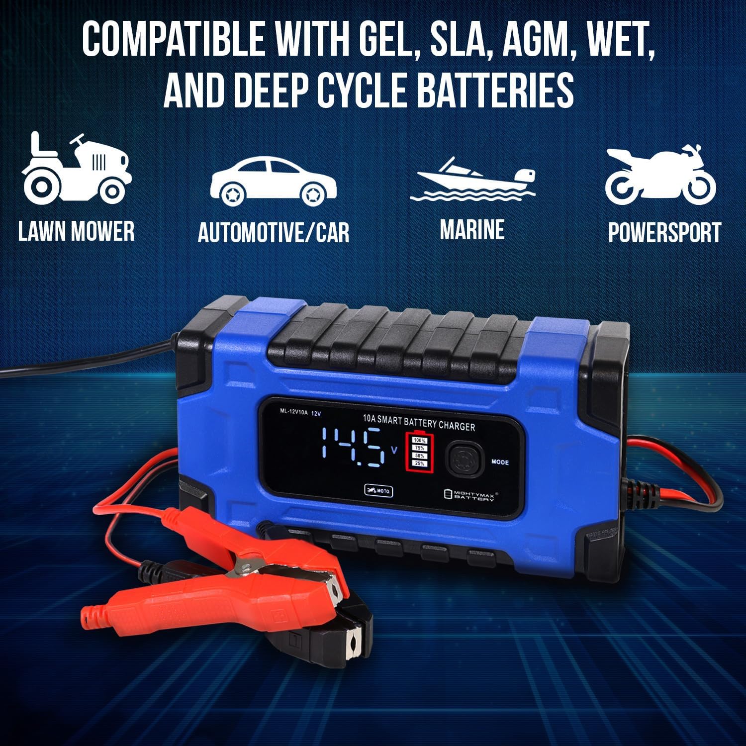 Mighty Max Battery Charger compatible with various battery types and vehicles