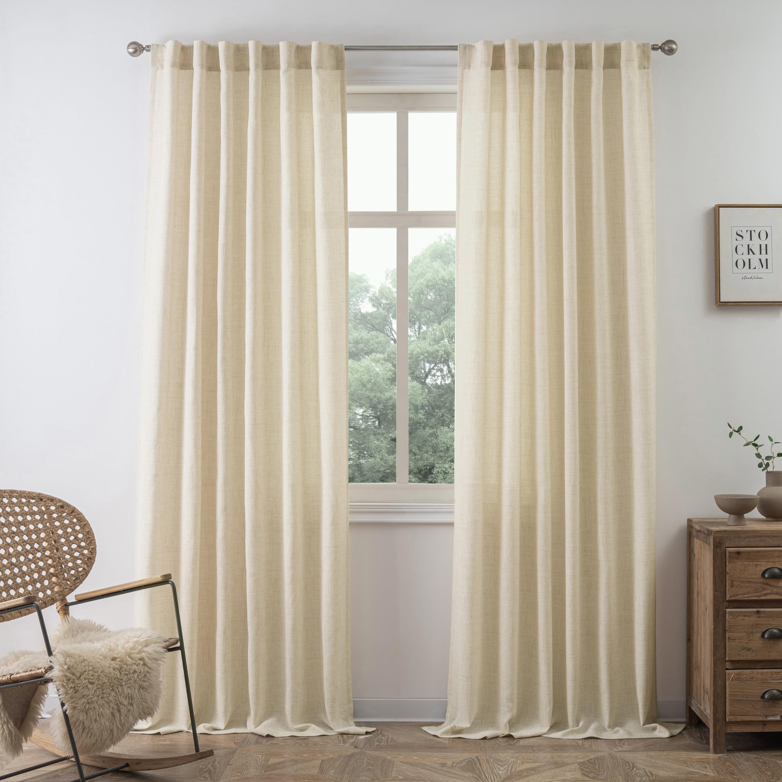 DriftAwayLinen Curtains 84 Inches Long for Living Room Semi Sheer 2 Panels Farmhouse Natural Flax 3 Inch Rod Pocket Back Tab Boho Rustic Light Filtering Window Drapes for Bedroom Privacy Assured