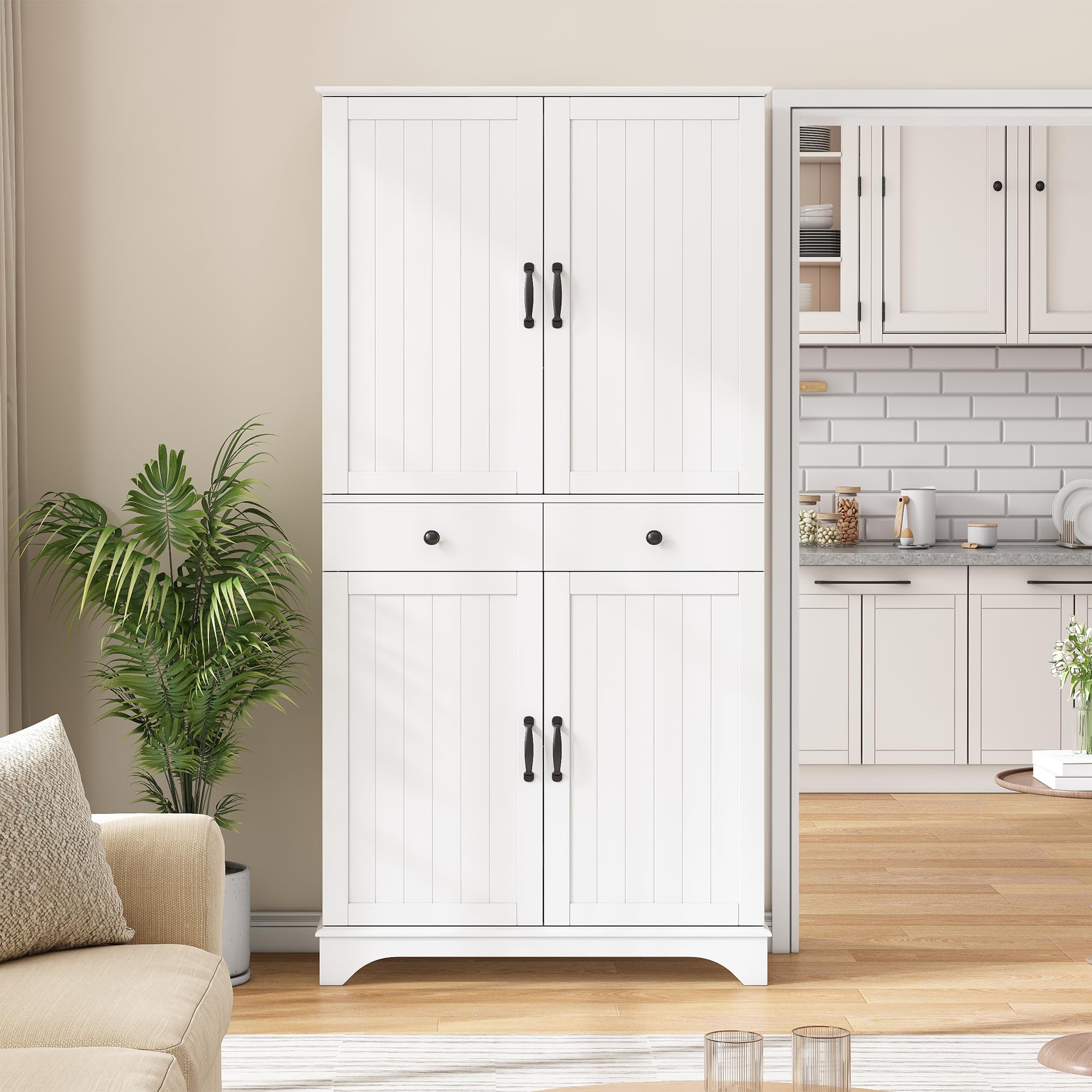 Armario alto con estantes ajustables y cajones, estantería con estantes extensibles y puertas de frigorífico, ideal para comedor, salón y cocina (color blanco)